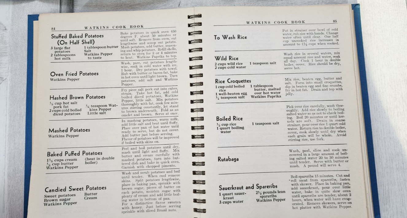 1938 Watkins Cook Book hardcover spiral-bound color advertisements 288 pages fun