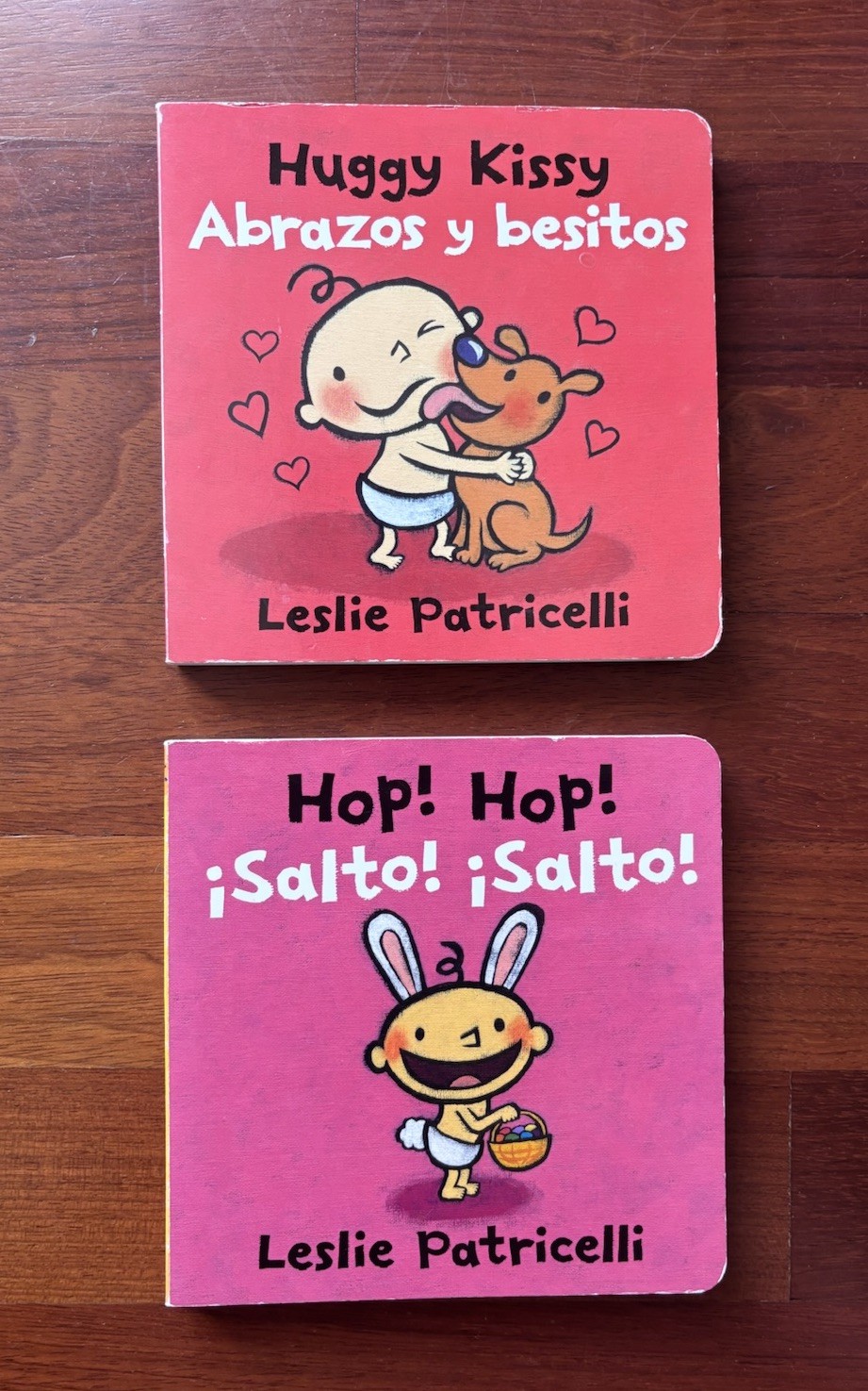 Lot of 2 Leslie Patricelli Spanish Bilingual Board Books Huggy Kissy Hop! Hop!