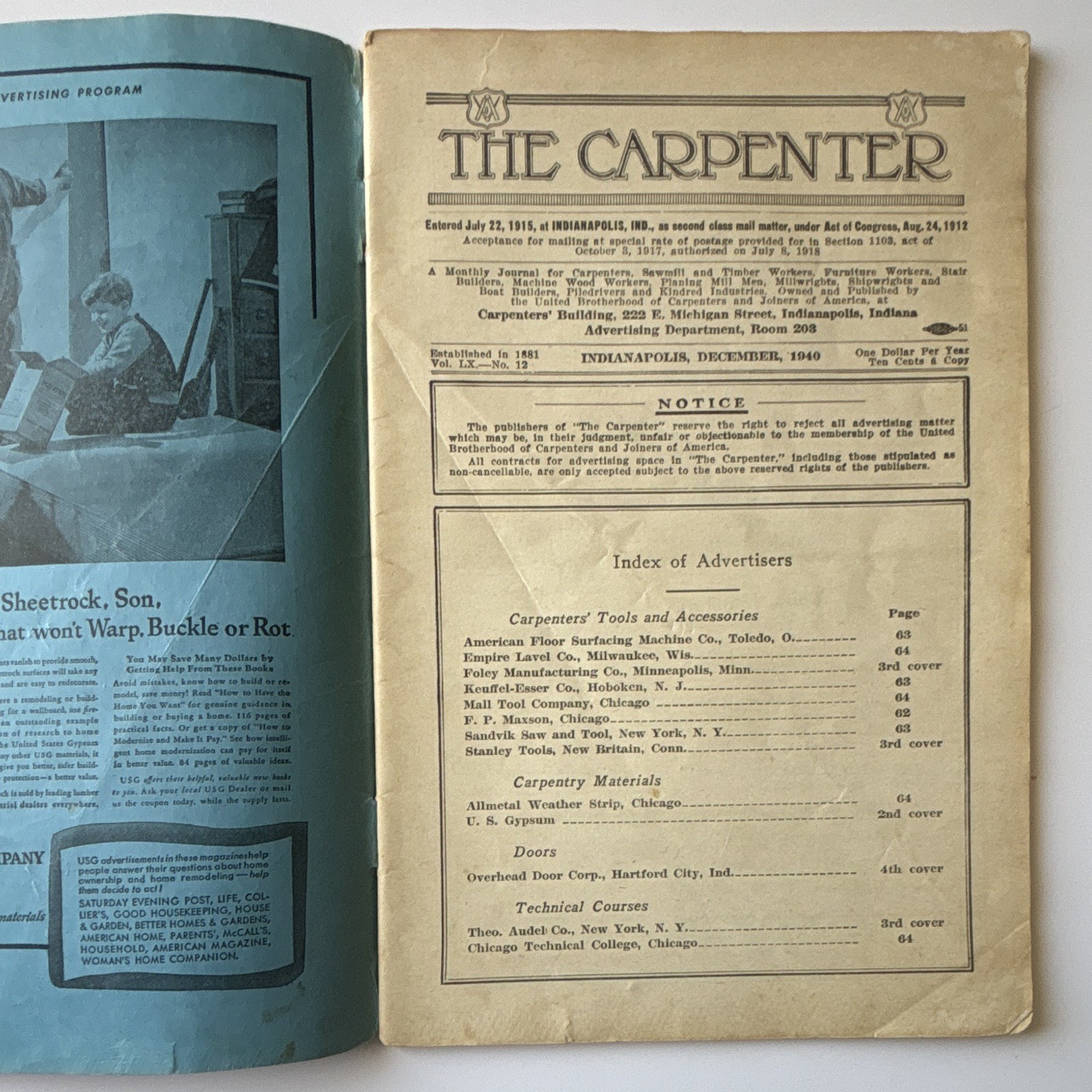 The Carpenter Magazine Sep/Oct/Dec 1940 Vol LXI Lot of 4 Trade Journal