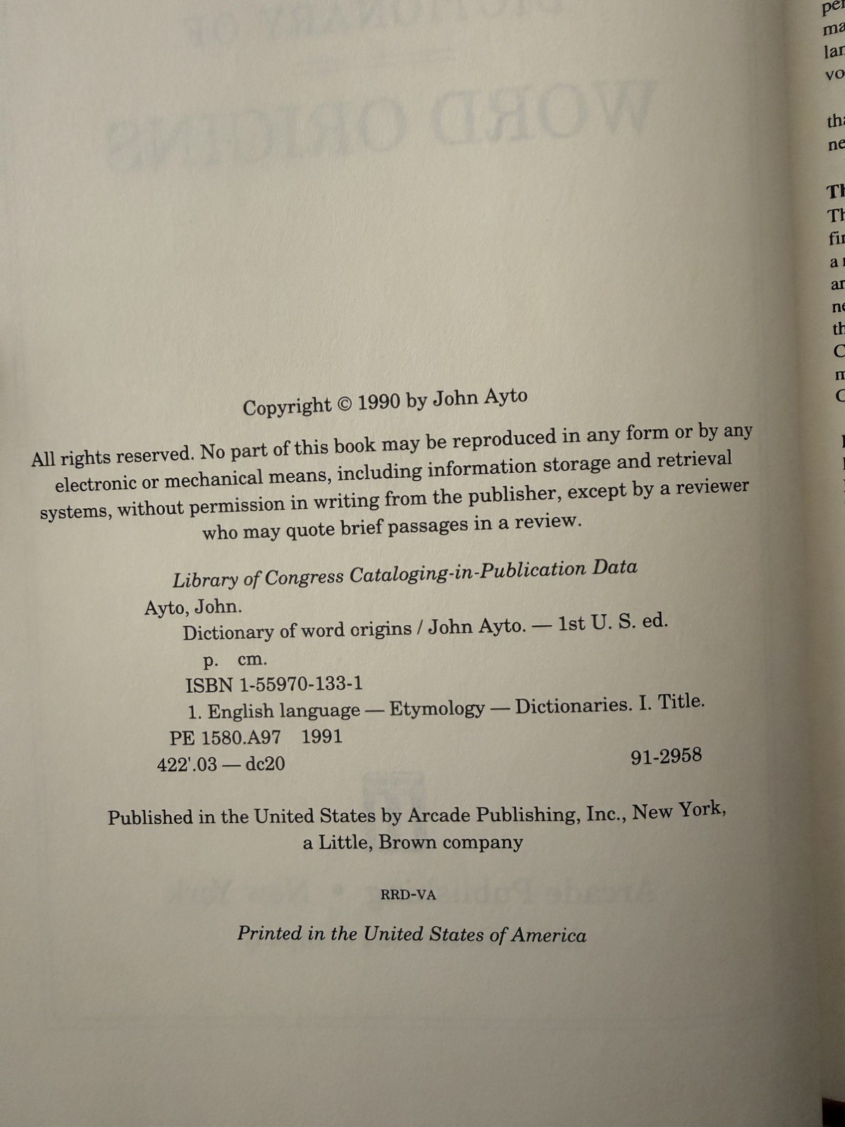 Dictionary Of Word Origins By John Ayto 1st edition rare
