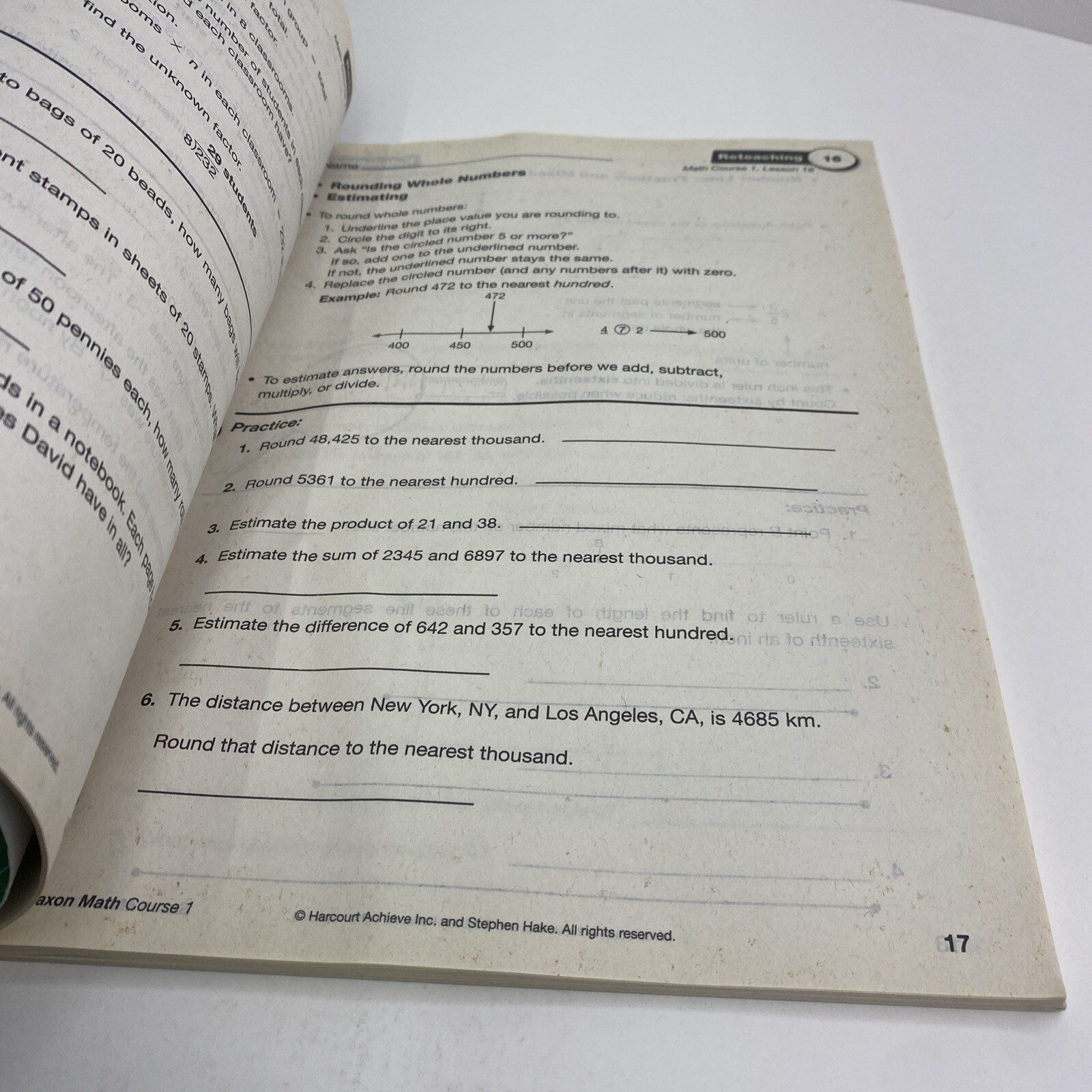 saxon math Course 1, RETEACHING Masters, ISBN 9781591418153 – Clean Pages
