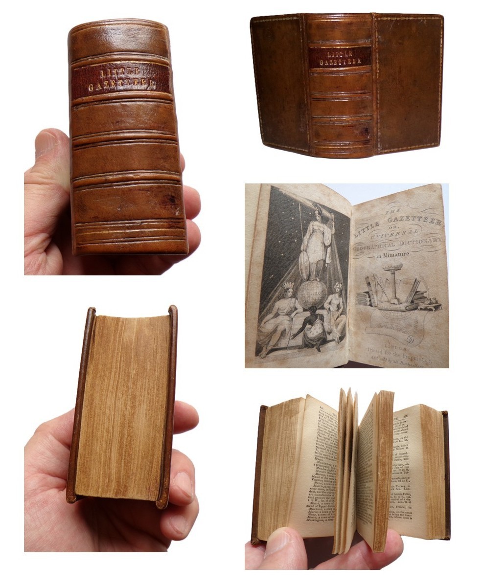 1845 Dictionary of Geography MINIATURE BOOK Nice old FULL LEATHER BINDING