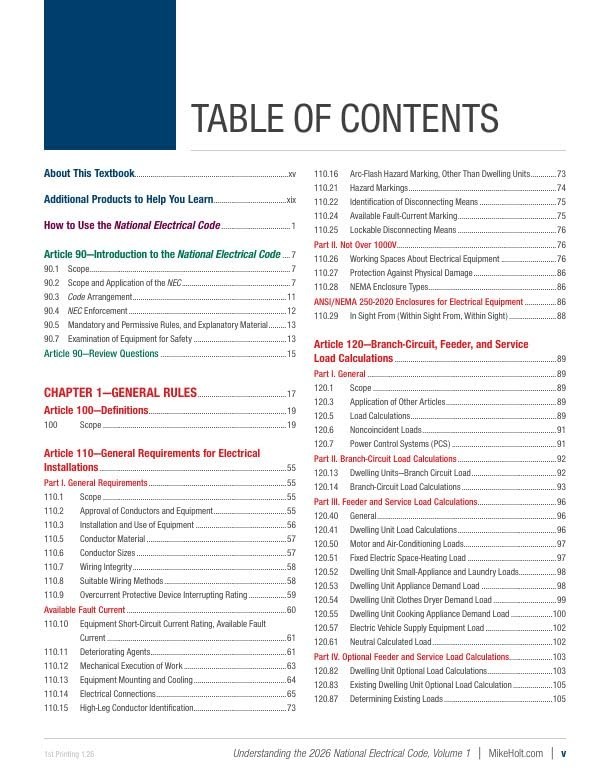 Mike Holt&rsquo;s 2026 Understanding the NEC, Volume 1 Textbook Articles 90 – 480