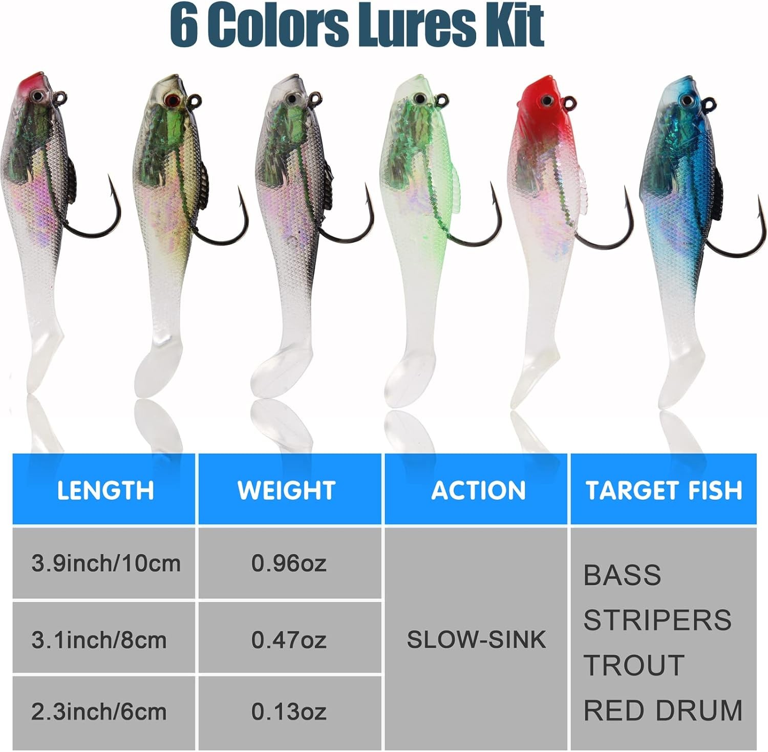 Pre-Rigged Jig Head Soft Fishing Lures, Paddle 2.3in/0.13oz-6pcs, Blue, White