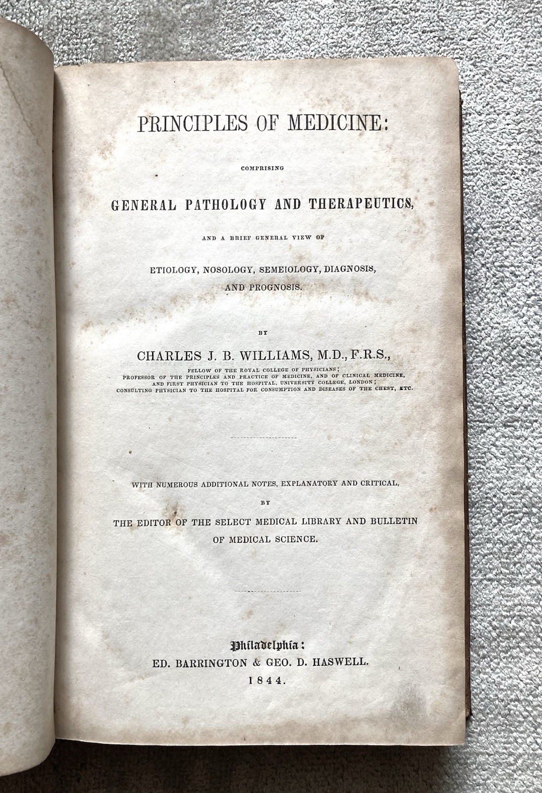 Antique, Principles Of Medicine, 1844, C. Williams MD, Pathology, Therapeutics