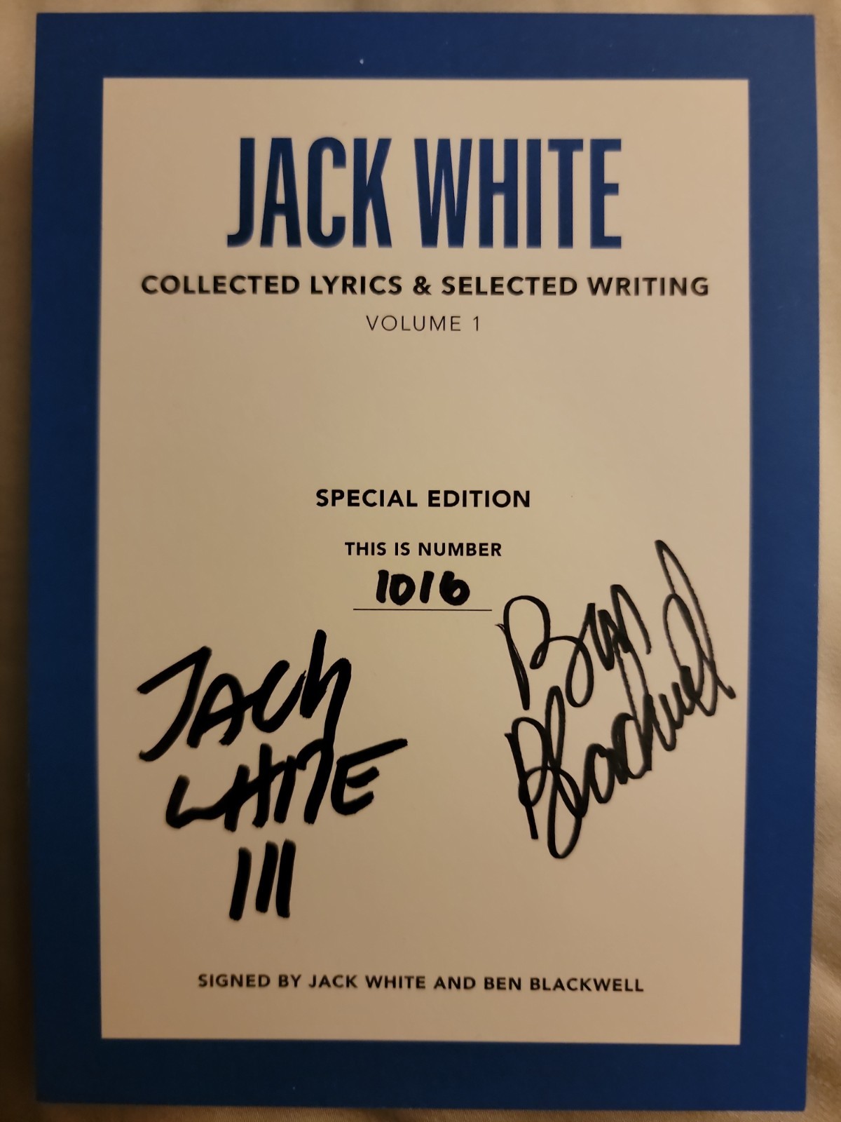 JACK WHITE SIGNED BOOK Collected Lyrics Ben BLACKWELL Stripes PERFECT SIGNATURE!