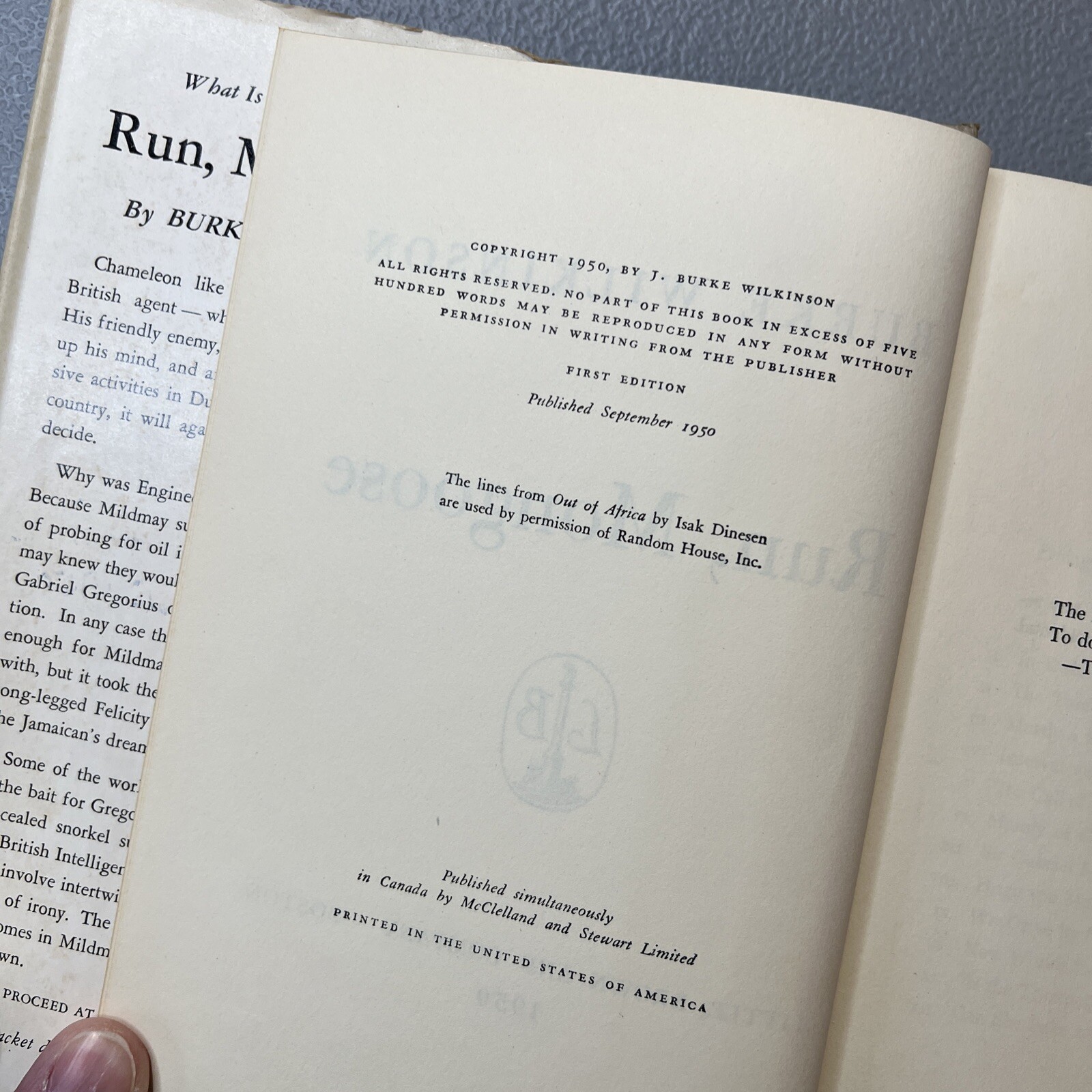 Run, Mongoose SIGNED Burke Wilkinson 1950 Suspense Novel Harvard Alumnus