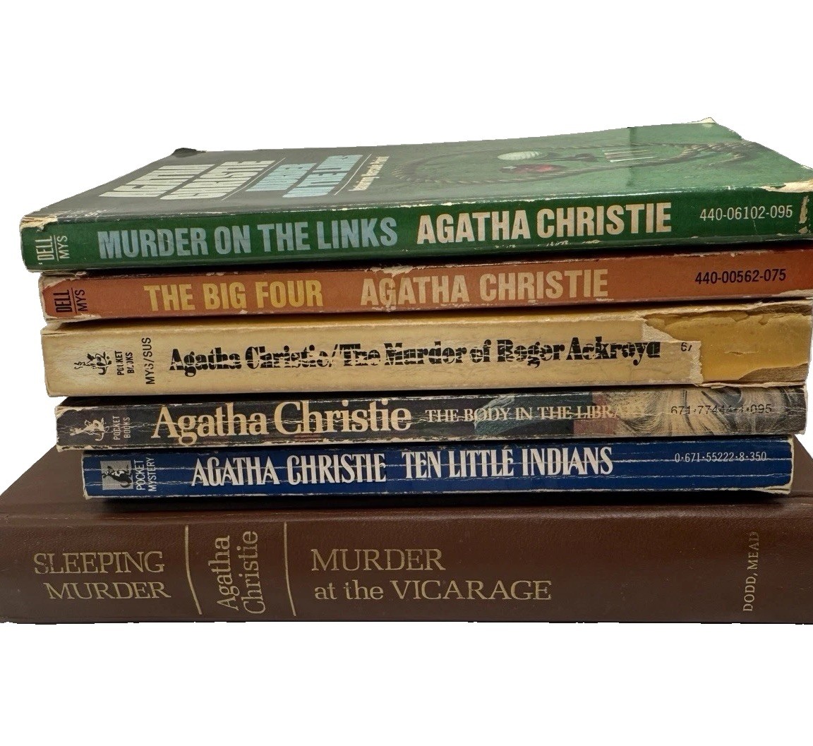 Vintage Agatha Christie Book Lot of 6 HC & Paperback Miss Marple Poirot Mystery