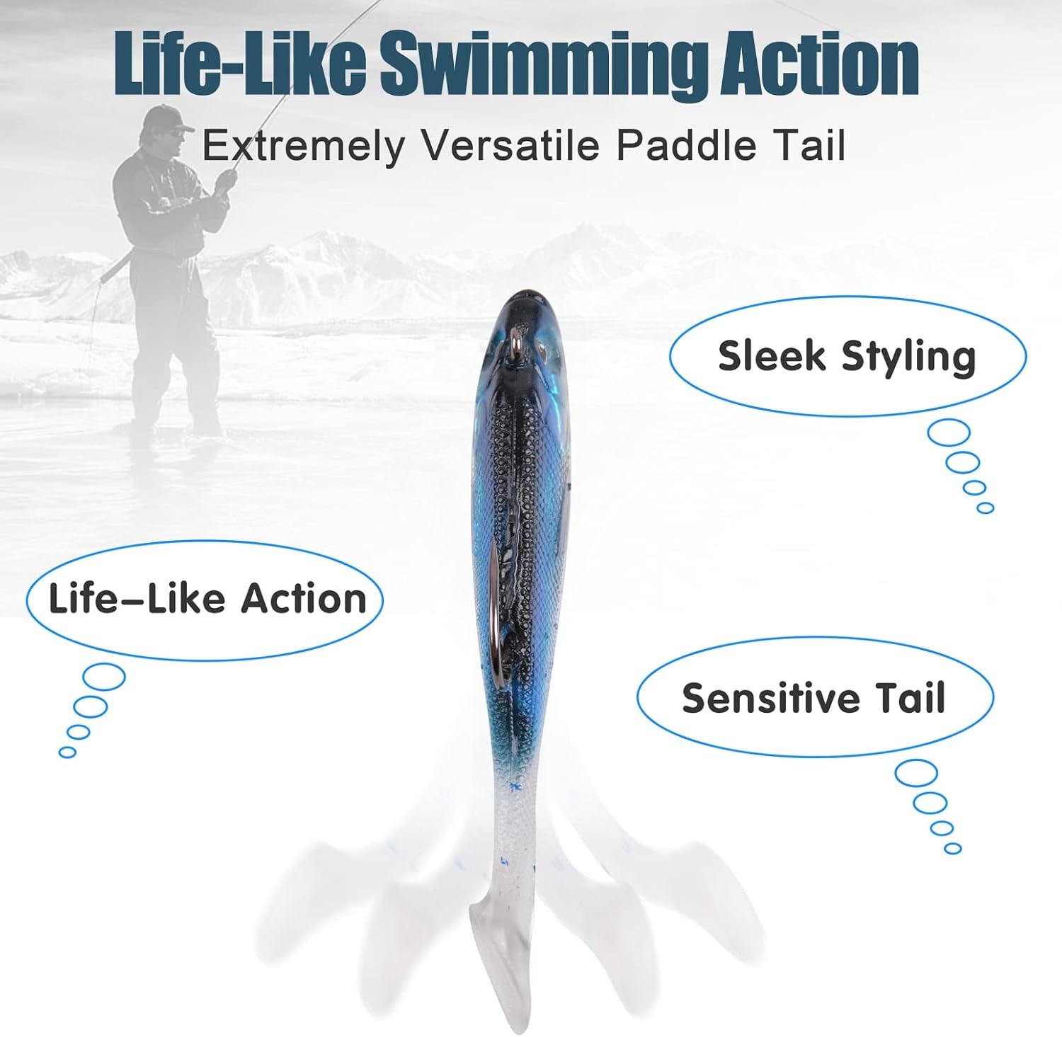Pre-Rigged Jig Head Soft Fishing Lures, Paddle 2.3in/0.13oz-6pcs, Blue, White