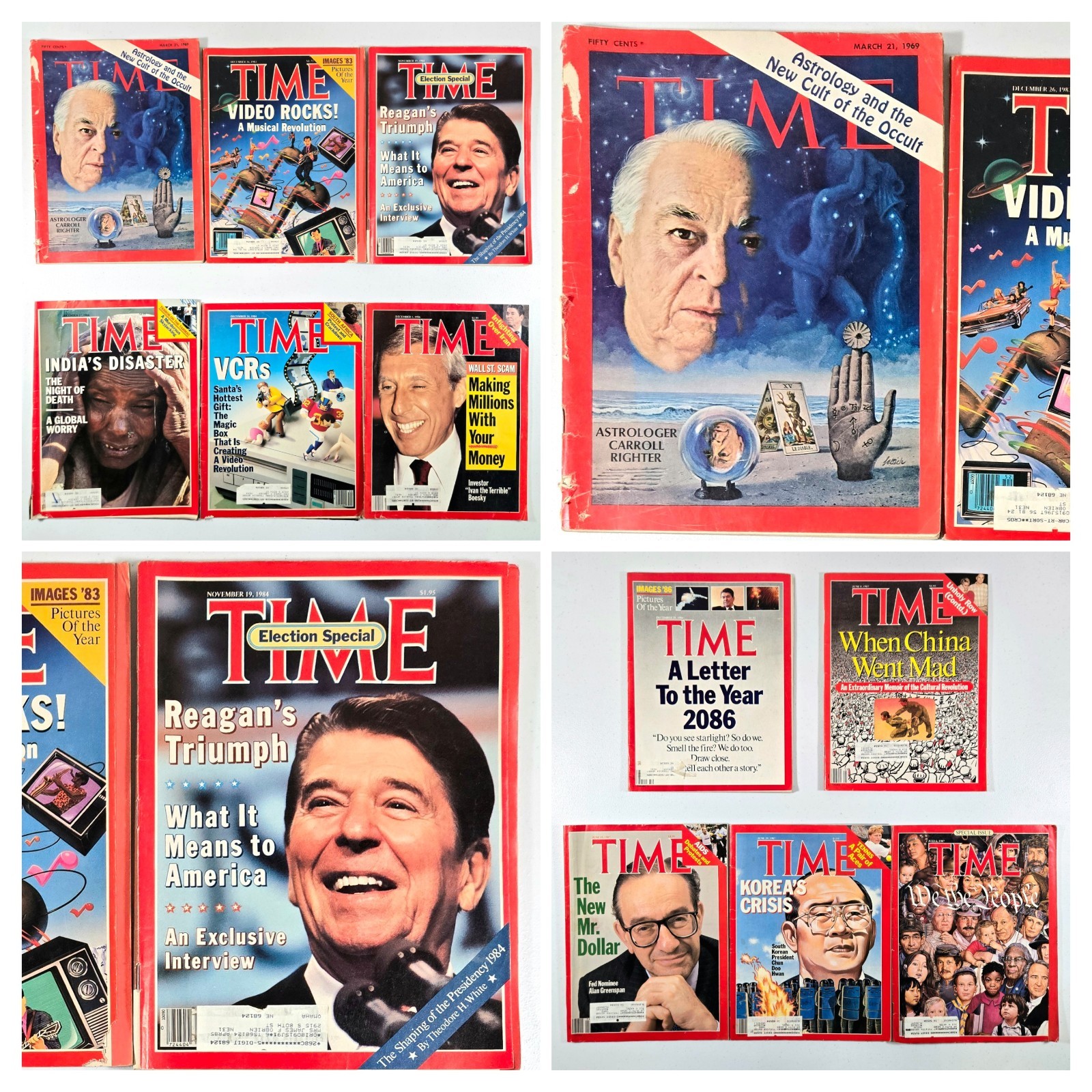 LOT OF 11 TIME MAGAZINES ASTROLOGER CARROLL RIGHTER RONALD REAGAN (1969-1980&rsquo;s)