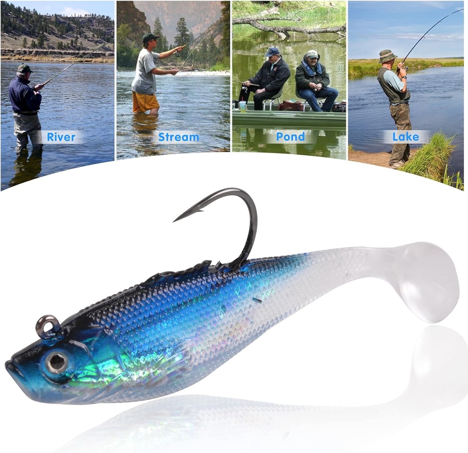 Pre-Rigged Jig Head Soft Fishing Lures, Paddle 2.3in/0.13oz-6pcs, Blue, White