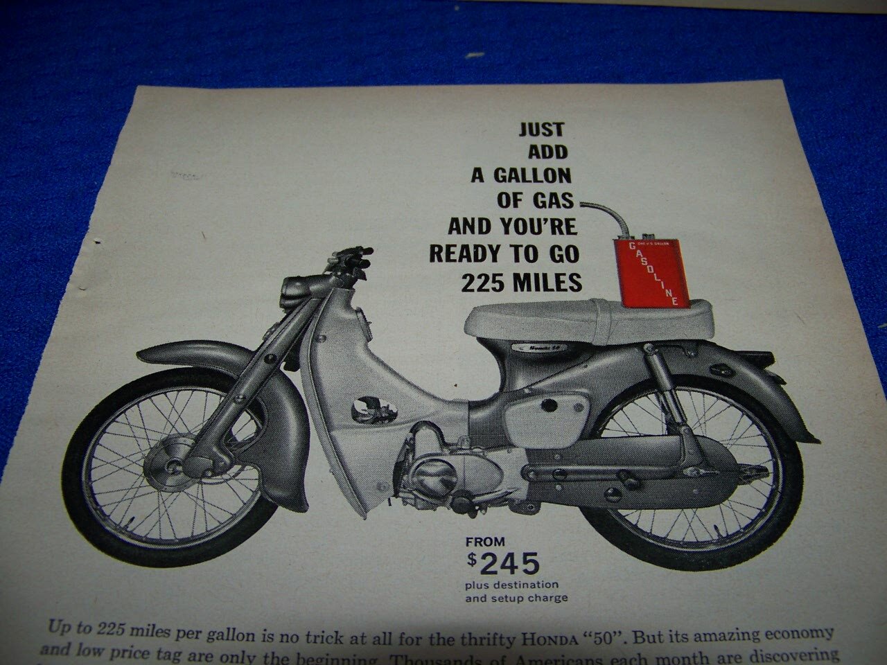 1963 HONDA 50 « JUST ADD A GALLON OF GAS »..1-PAGE ORGINAL SALES AD (329BB)