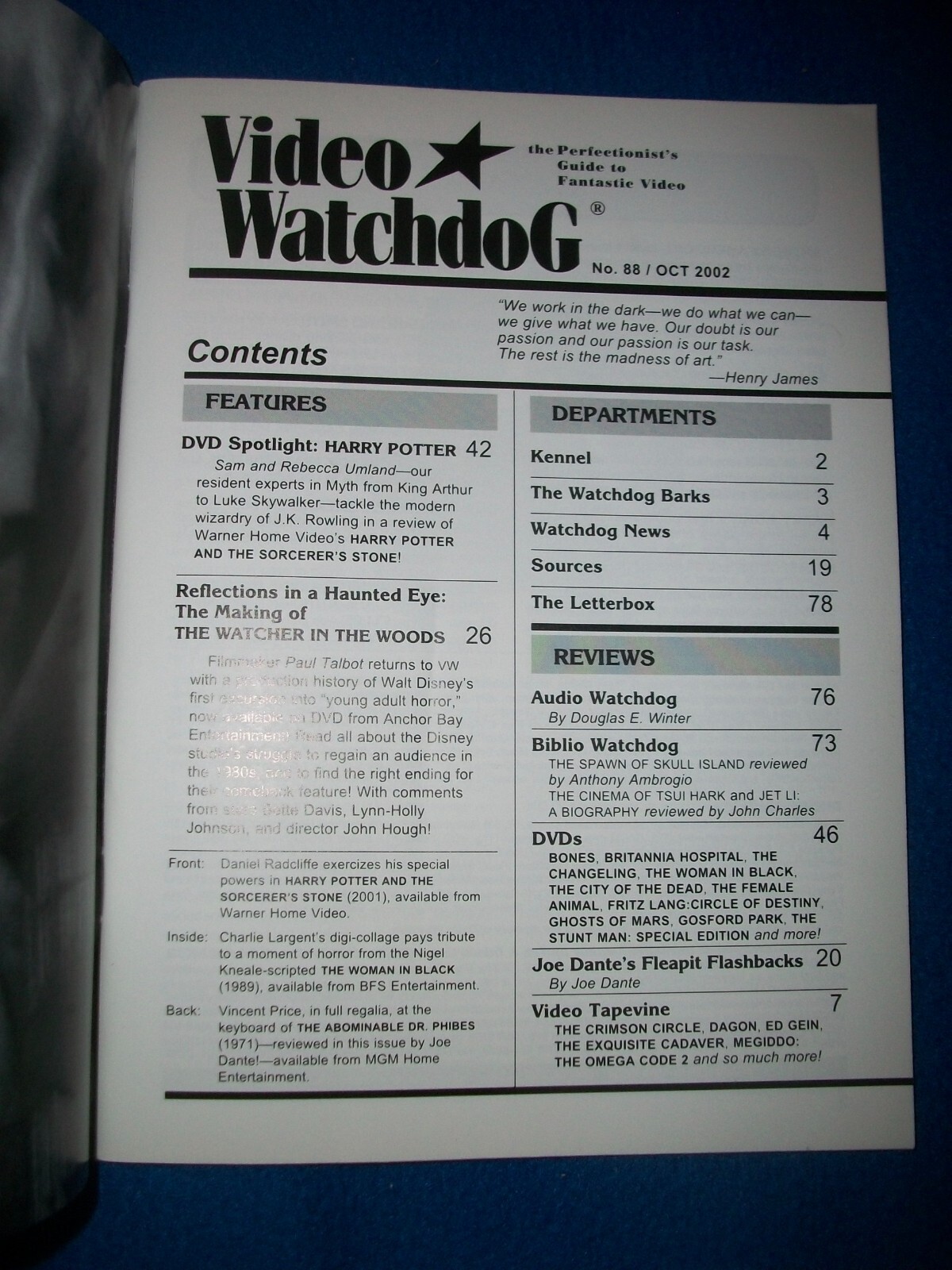 Video Watchdog #88 October 2002 Harry Potter Watcher in the Woods Cannibals