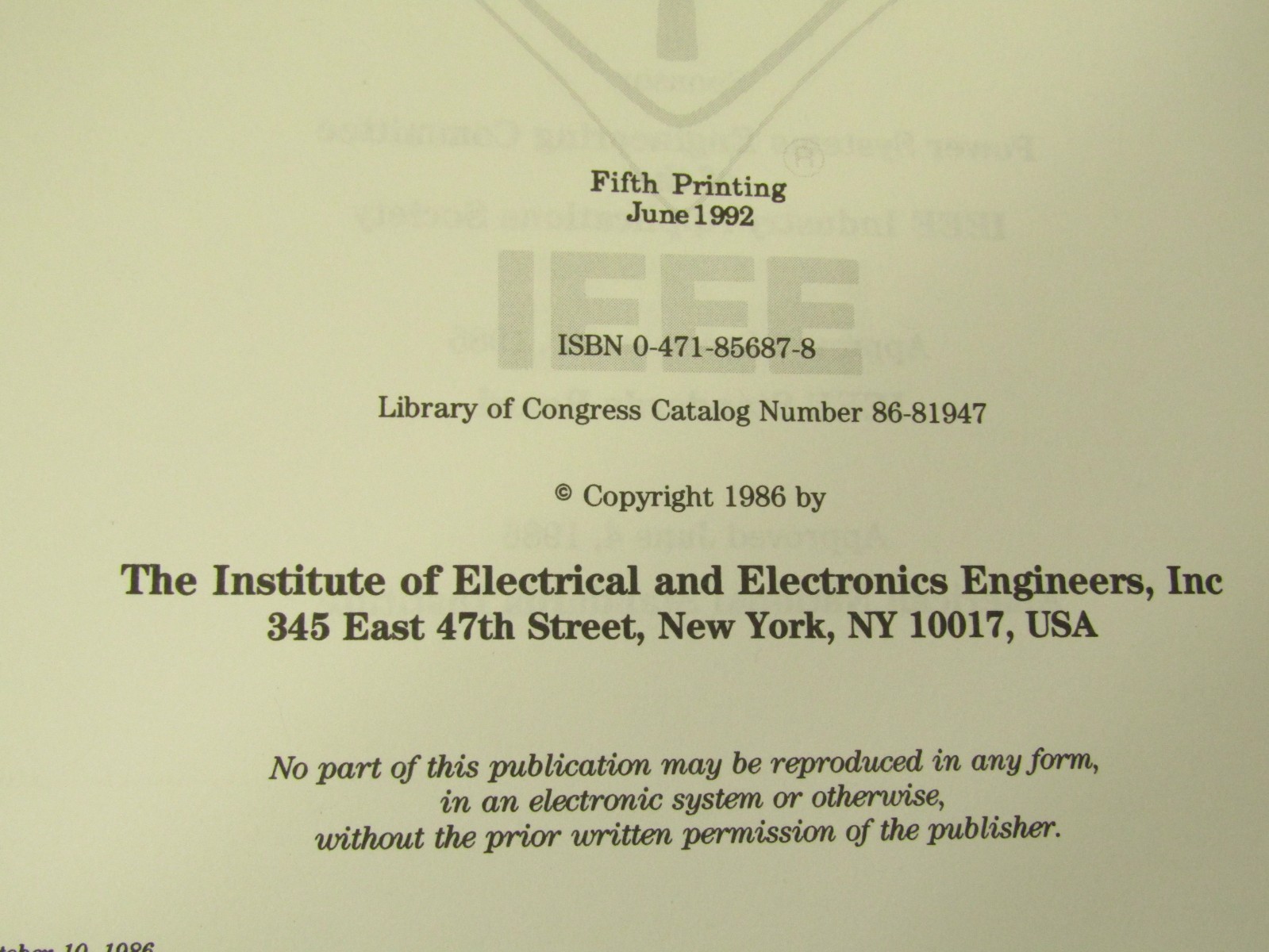 IEEE RED BOOK Std 141-1986 ELECTRIC POWER DISTRIBUTION (5th Print June 1992)