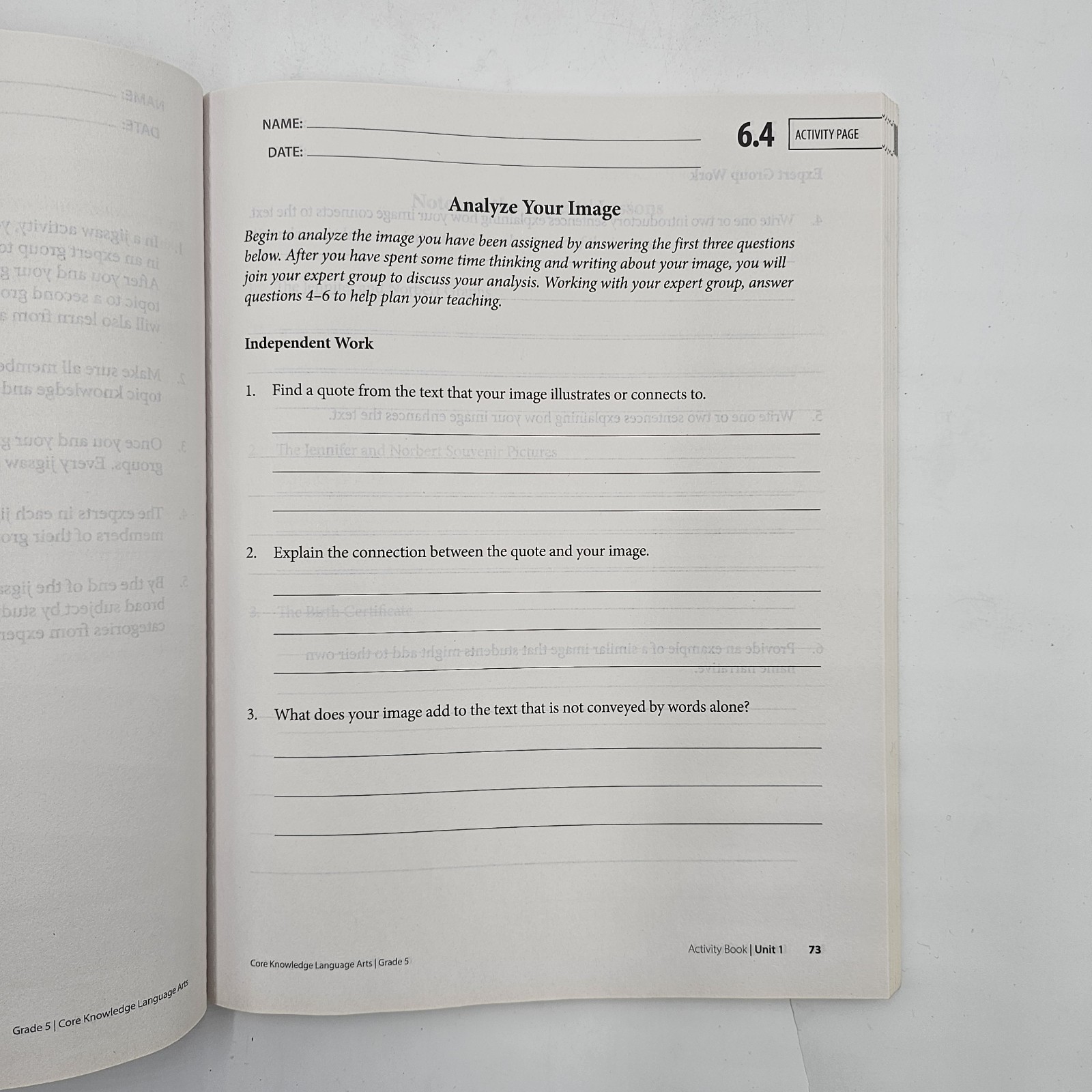 Amplify CKLA Grade 5 Unit 1 Activity Book | Personal Narratives PB | UNMARKED VG
