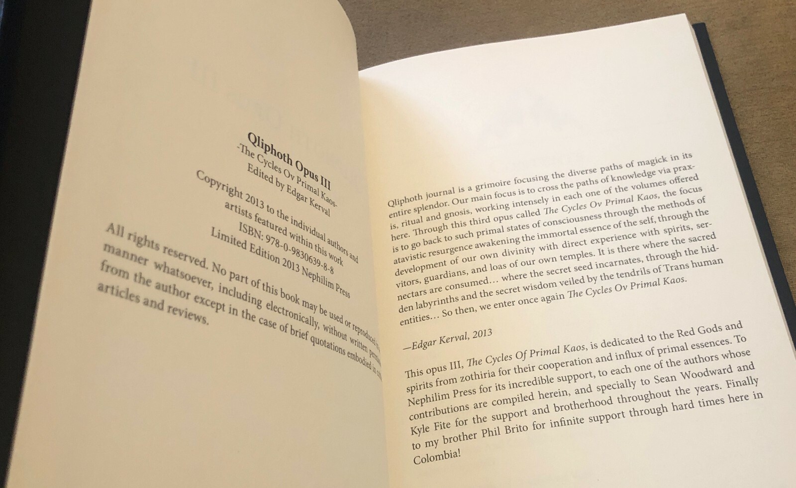 Qliphoth Opus III (2013 Hardcover) The Cycles Ov Primal Kaos Edited Edgar Kerval