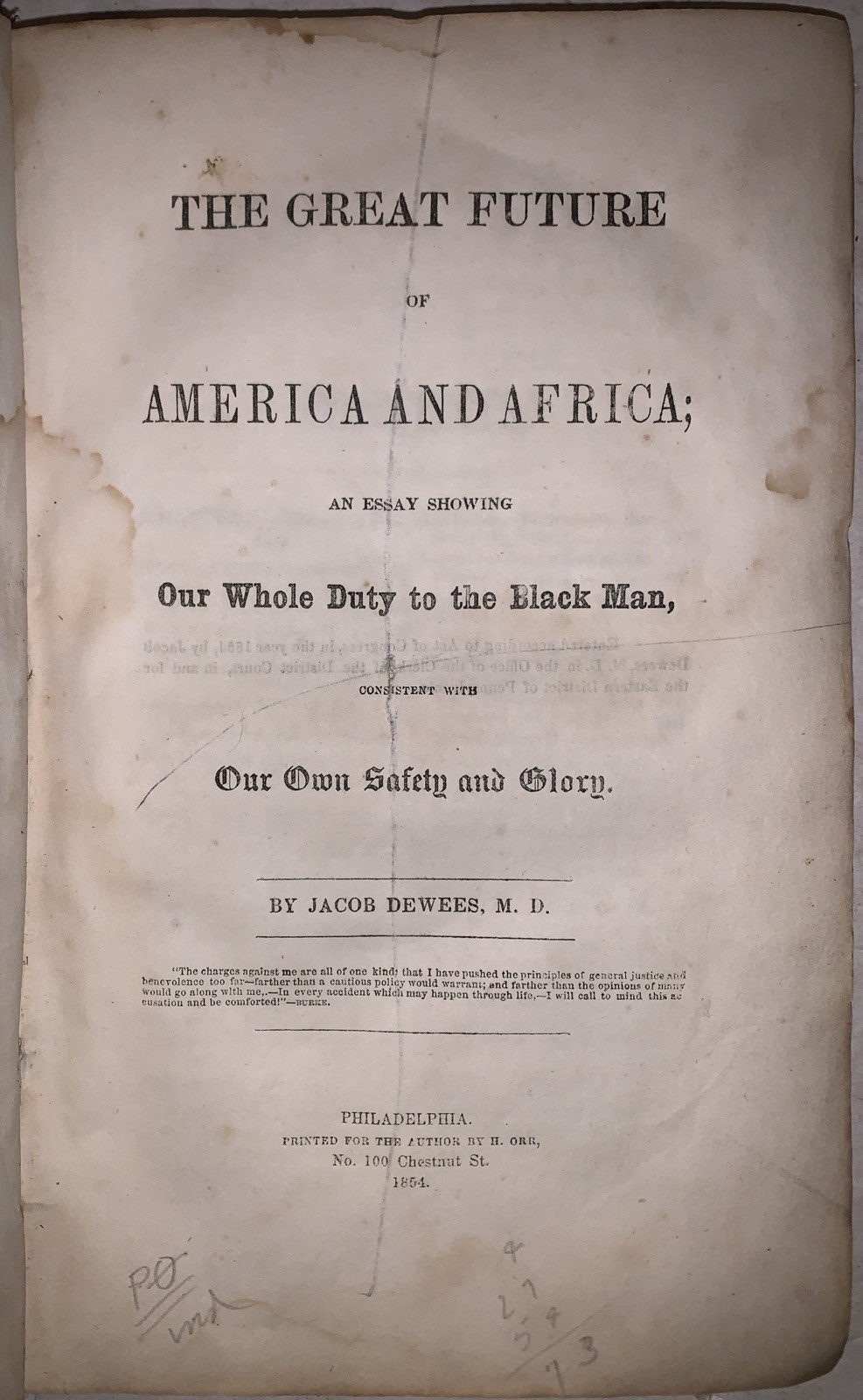 1854, 1st, THE GREAT FUTURE OF AMERICA AND AFRICA, by JACOB DEWEES, SLAVERY