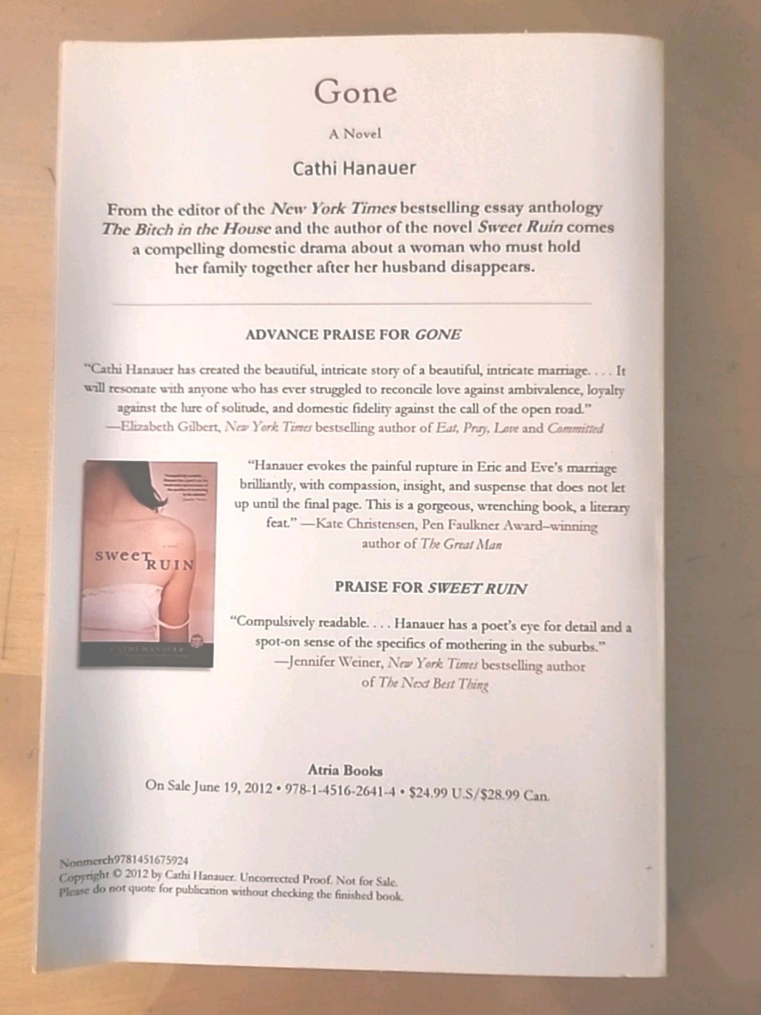 GONE *ADVANCED PROOF COPY * by Cathi Hanauer PB LN ATRIA BOOK