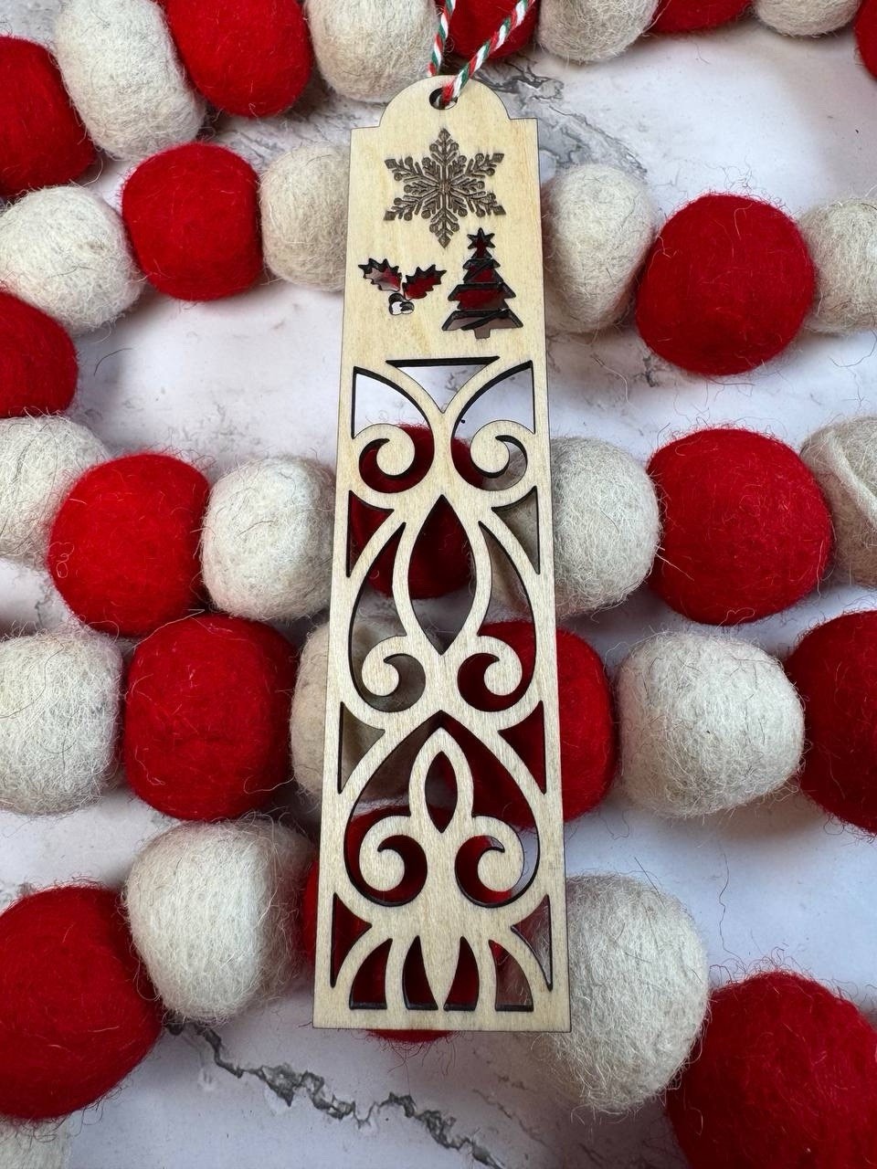 Christmas Bookmark Wood 5×1.5 in Festive Snowflake Tree Holly Design Holiday Gif