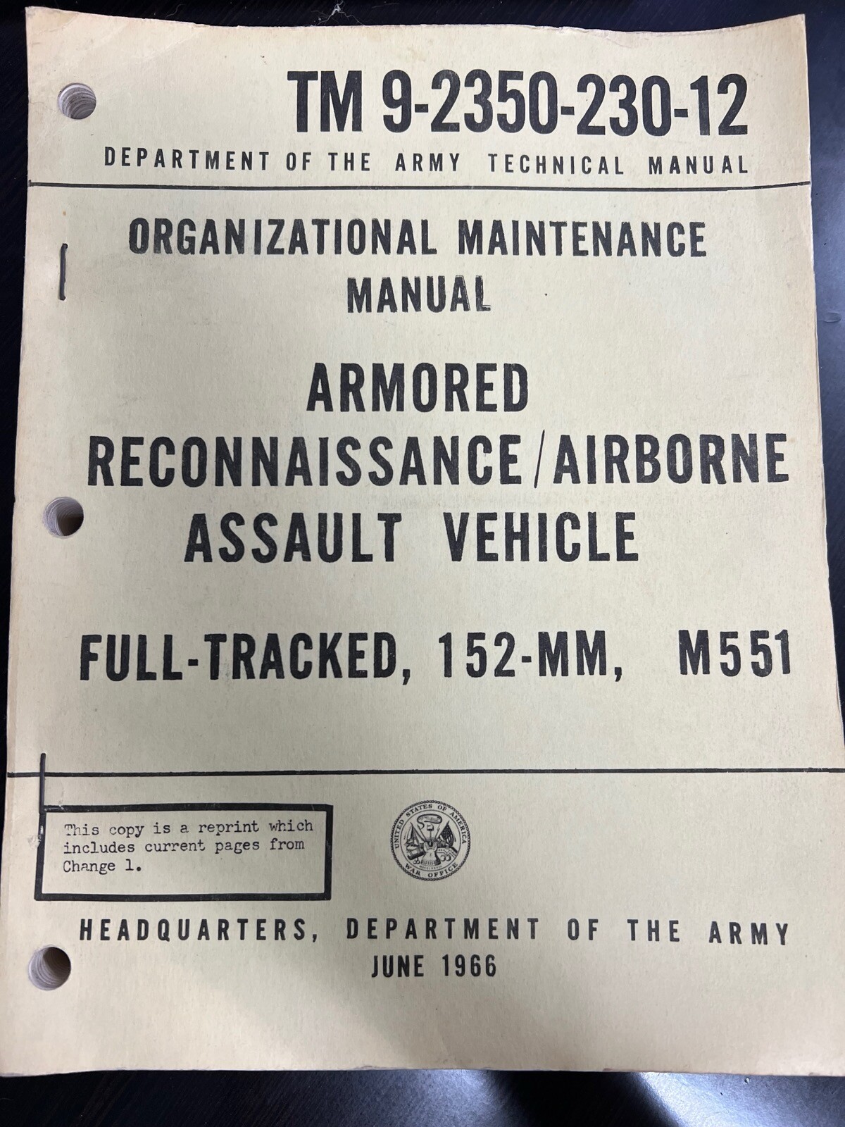 Department Army May 1968 Armored Reconnasissance Airborne Assult Vehicle 152-MM