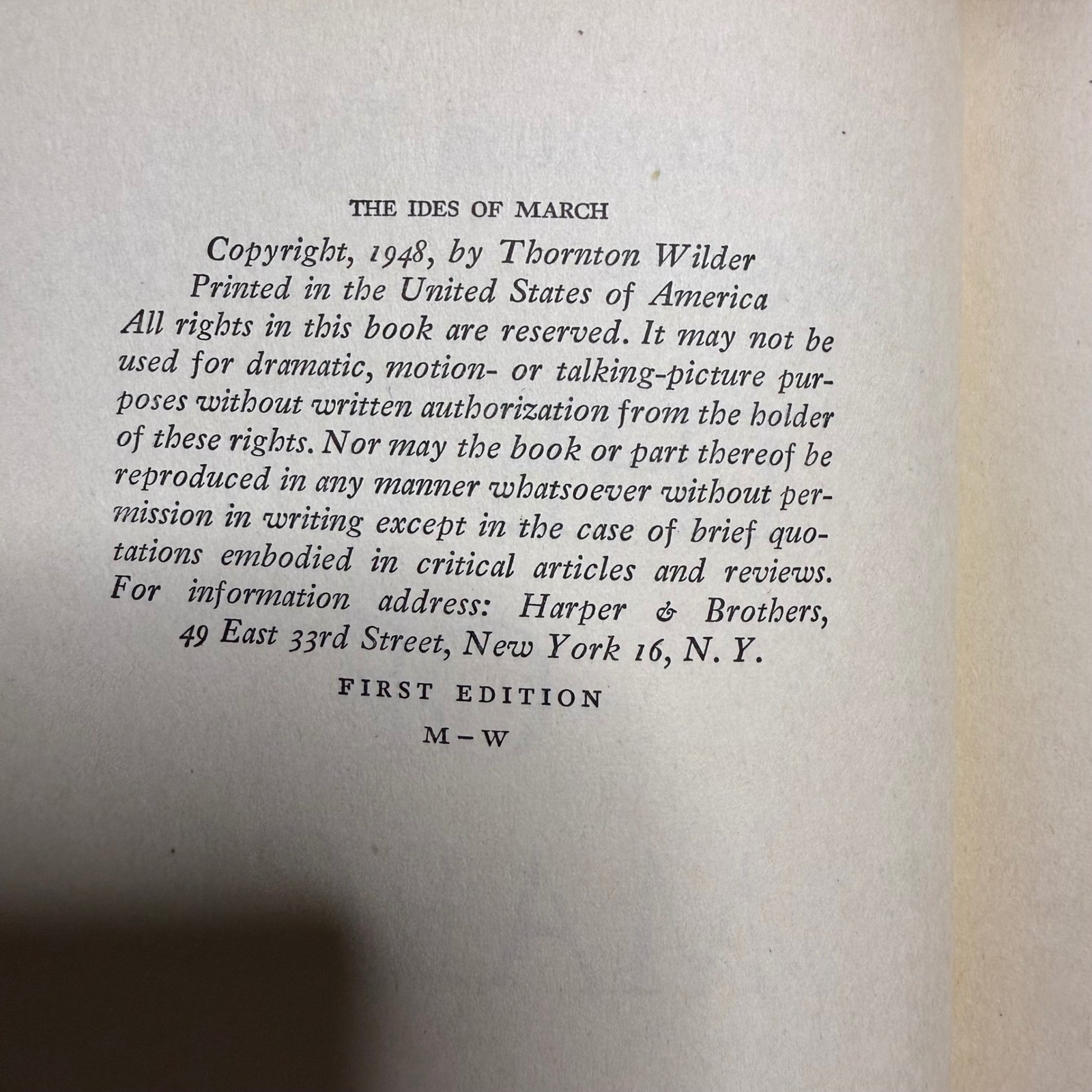 The Ides of March Thornton Wilder Harper & Brothers First Edition 1948