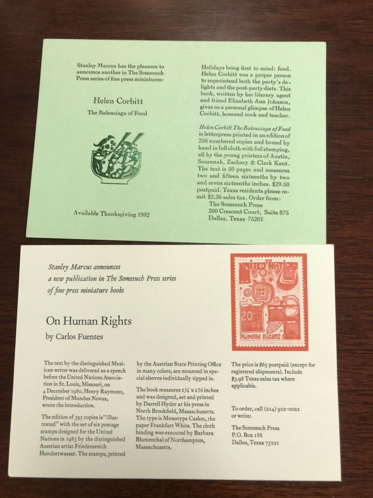 A Collection of 10 Stanley Marcus Somesuch Press Miniature Book Announcements