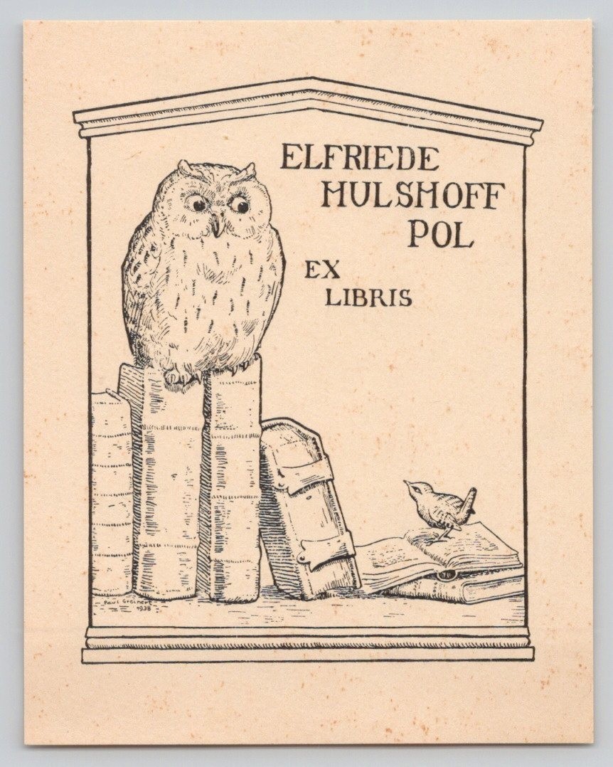 Ex Libris Vintage Bookplate Owl Watches Songbird 3.25×4.25&Prime;