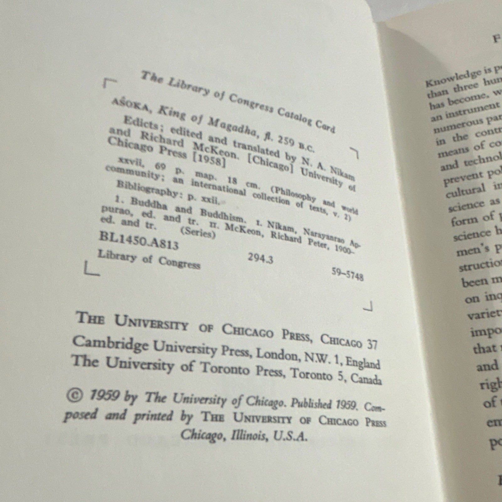 The Edicts of Asoka N. A. Nikam Richard McKeon Univ Chicago 1959 Hardcover Ex-L…