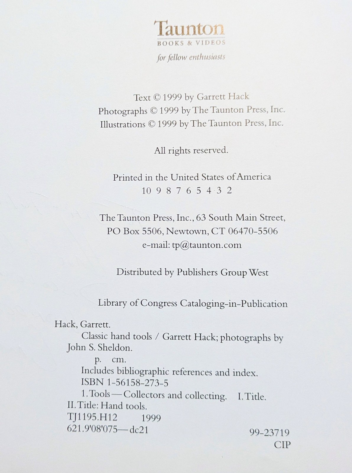 Classic Hand Tools by Garrett Hack, 1999 2nd Printing, HC w/DJ, SIGNED