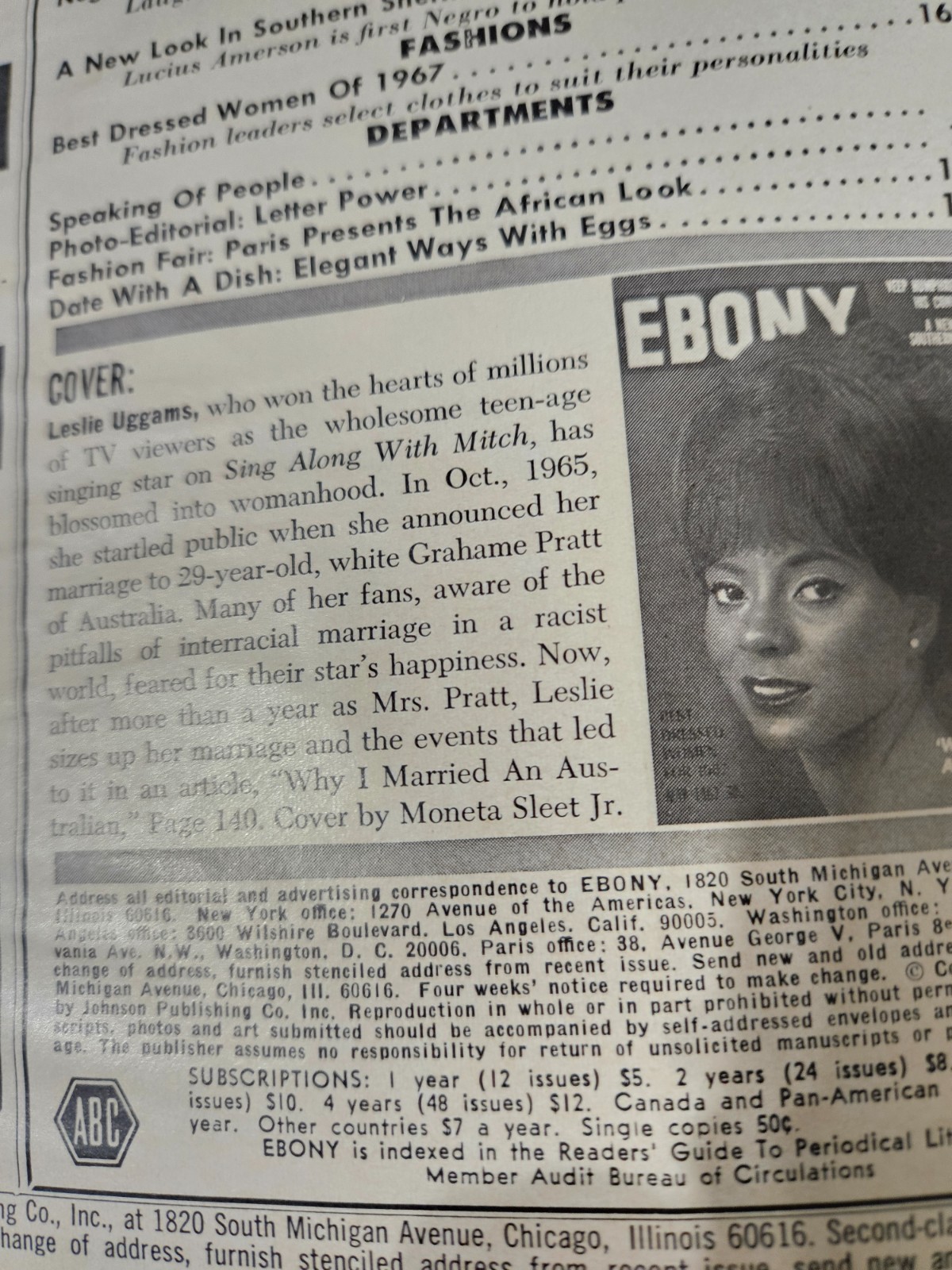 Vintage EBONY Magazine 1967 Cover Leslie Uggams of Deadpool & Fallout