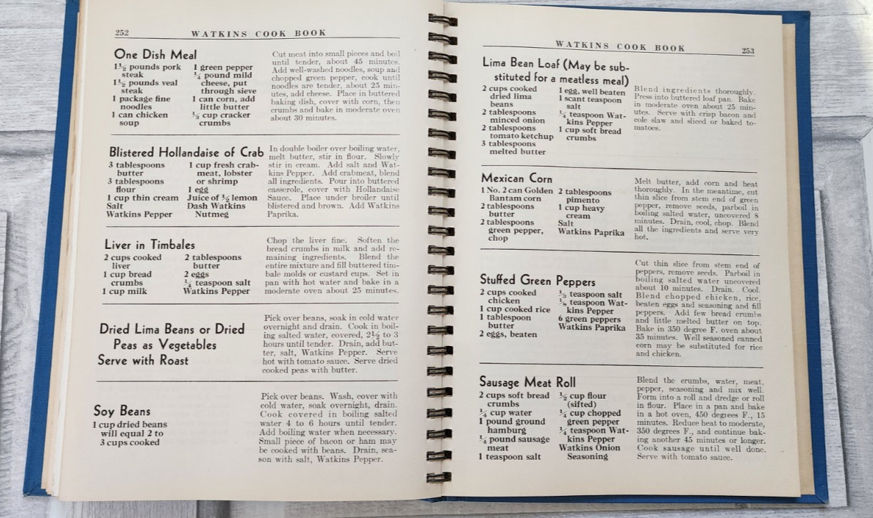 1938 Watkins Cook Book hardcover spiral-bound color advertisements 288 pages fun