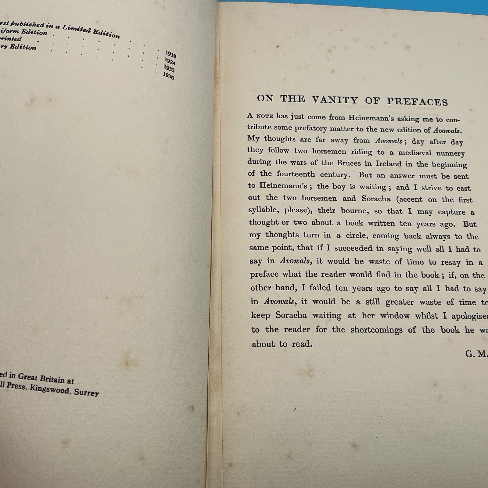 The Works Of George Moore. Avowals. Ebury Heinemann Edition 1936