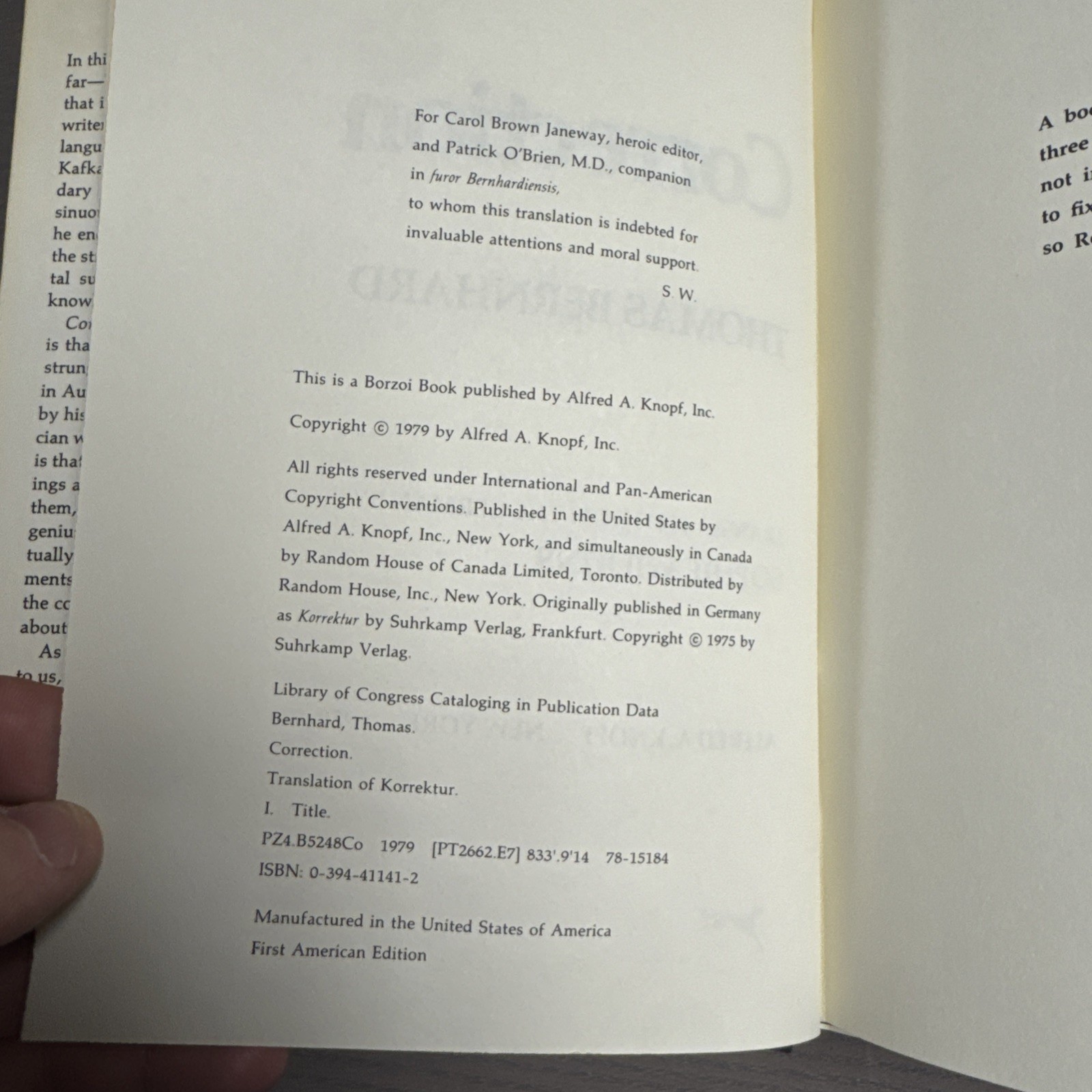 Thomas Bernhard Correction First Knopf Edition 1979 HC DJ