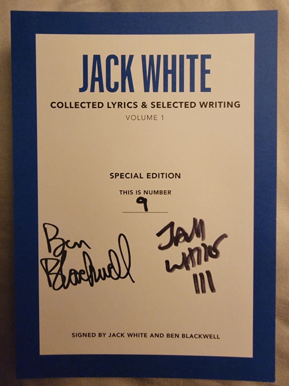 JACK WHITE SIGNED BOOK Collected Lyrics BLACKWELL Stripes Will Pass Psa LOW # 9