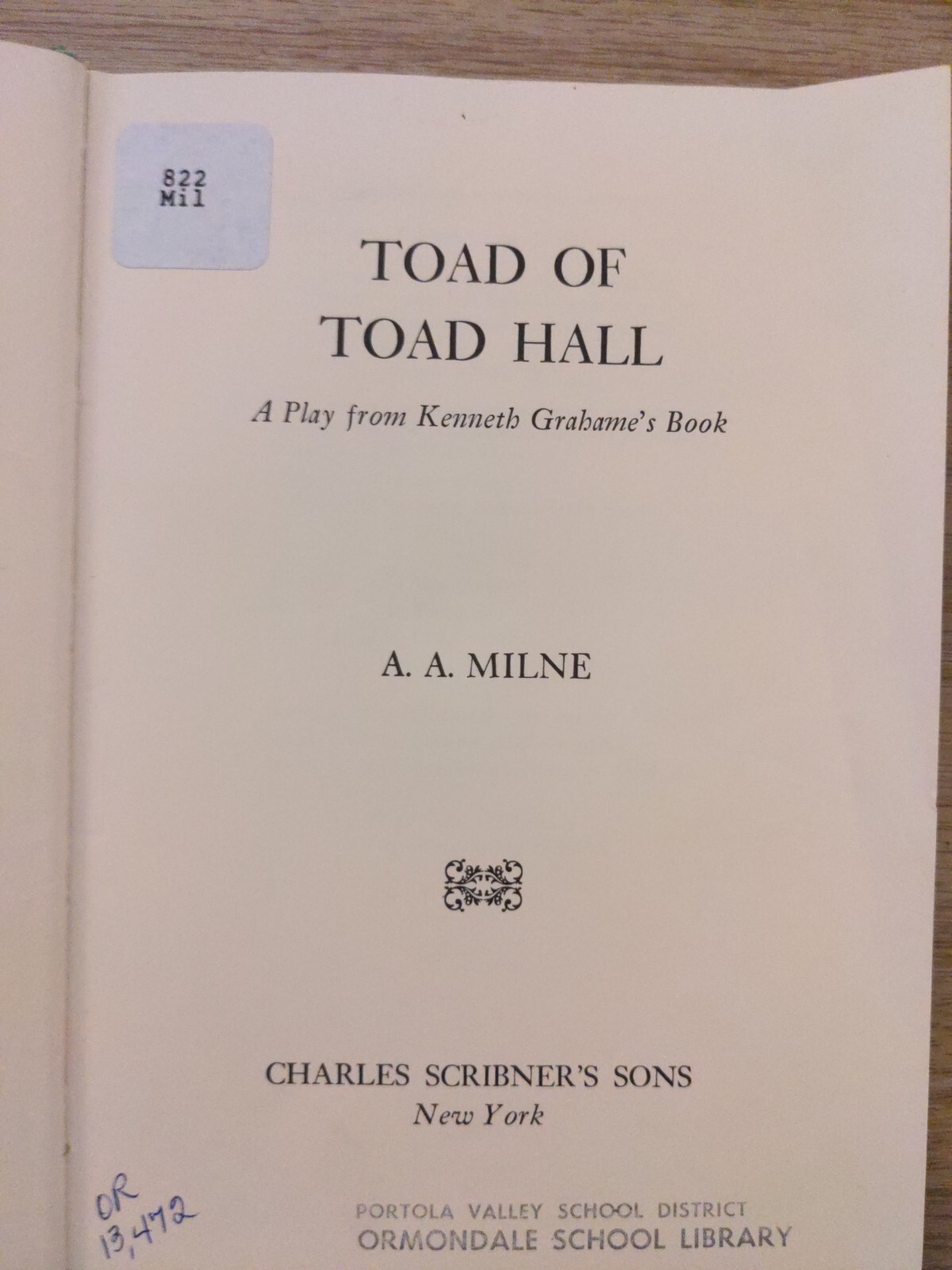 Vintage Toad of Toad Hall 1957 A A Milne a play by Kenneth Grahames Book