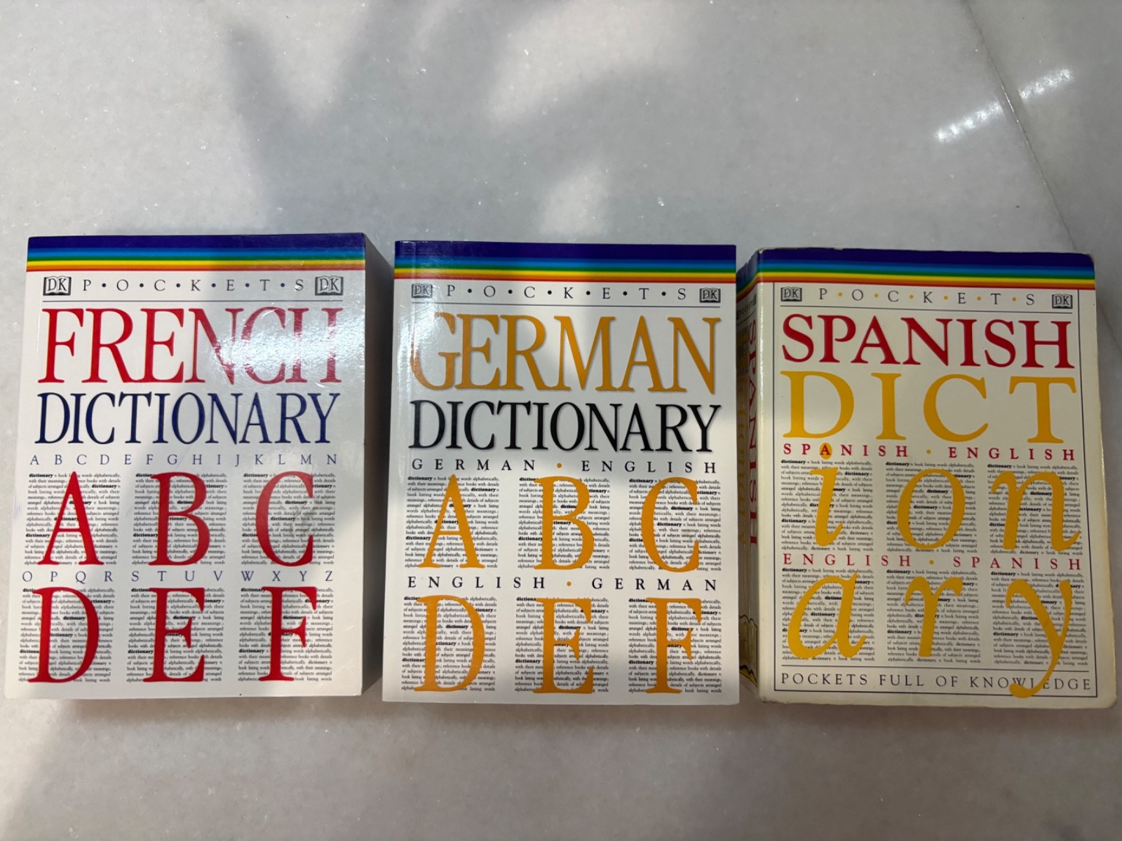 vintage DK Pockets bilingual dictionaries French, German, Spanish