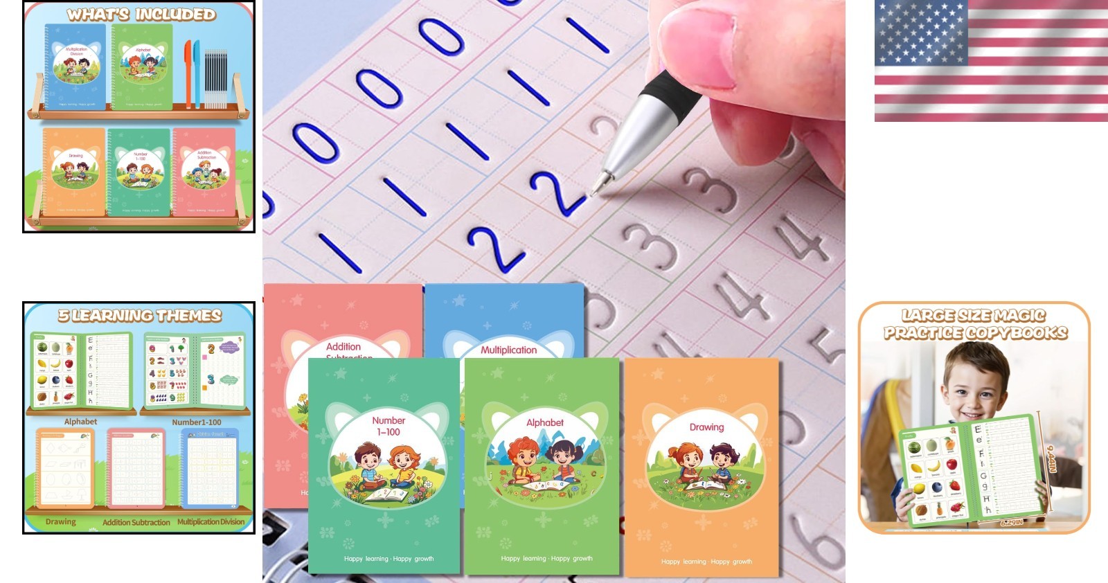 Magic Practice Copybook Set – 5 Reusable Books for Kids Age 3-8, Calligraphy Joy