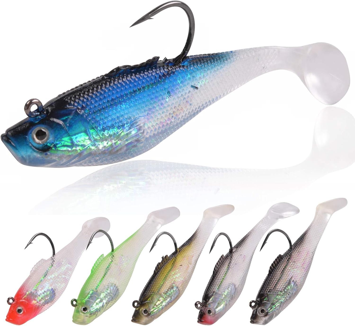 Pre-Rigged Jig Head Soft Fishing Lures, Paddle 2.3in/0.13oz-6pcs, Blue, White