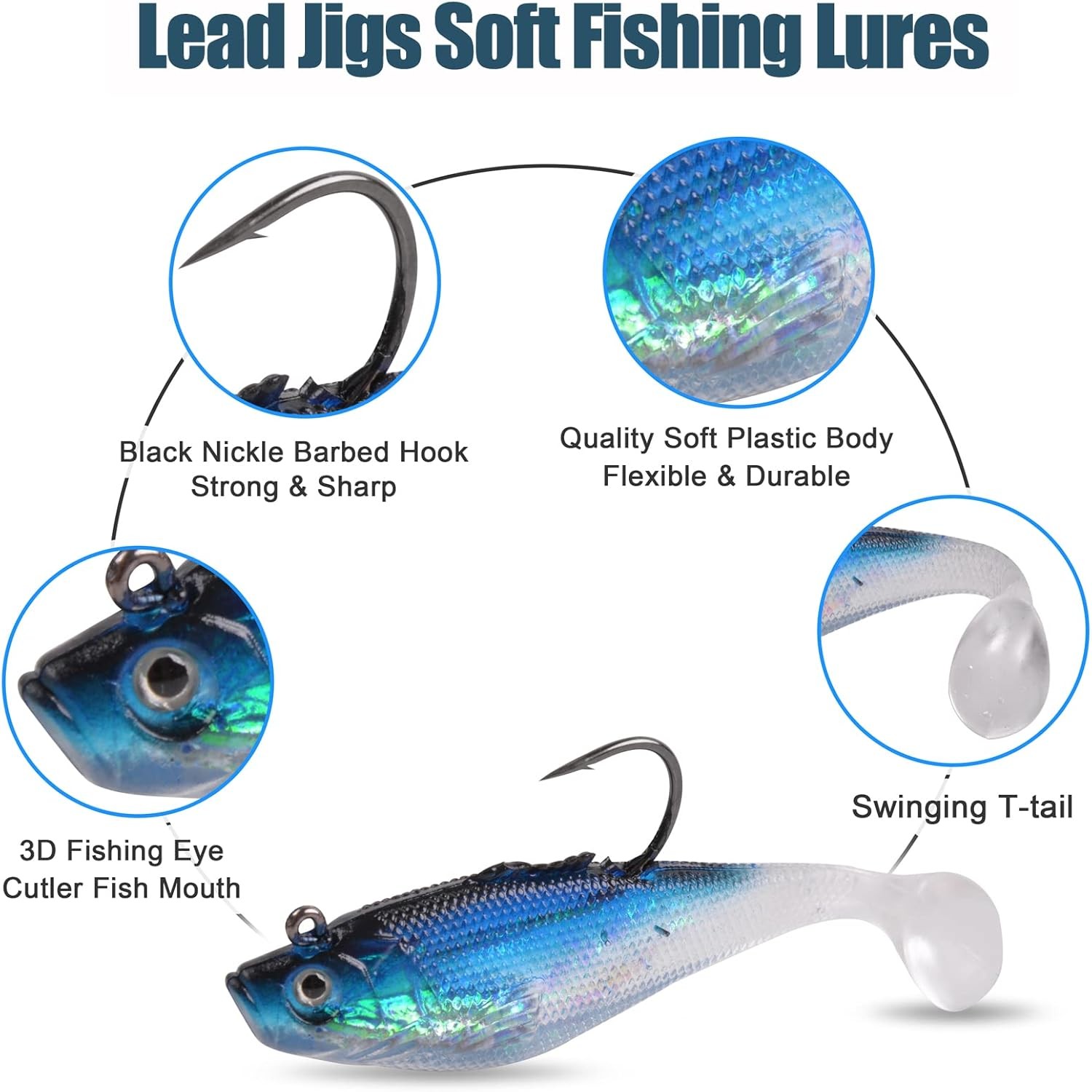 Pre-Rigged Jig Head Soft Fishing Lures, Paddle 2.3in/0.13oz-6pcs, Blue, White