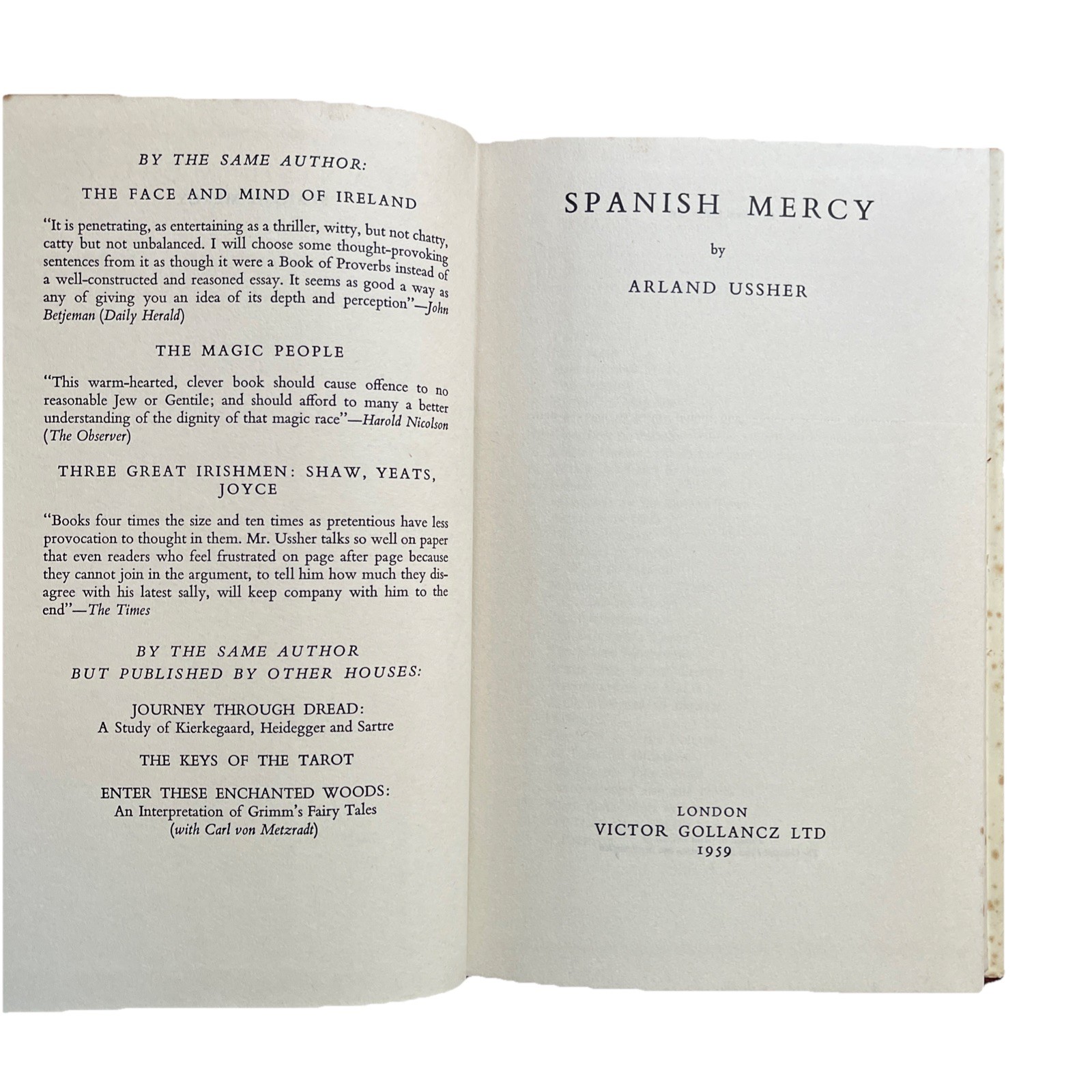 Spanish Mercy by Arland Ussher 1959 1st edition with dust jacket