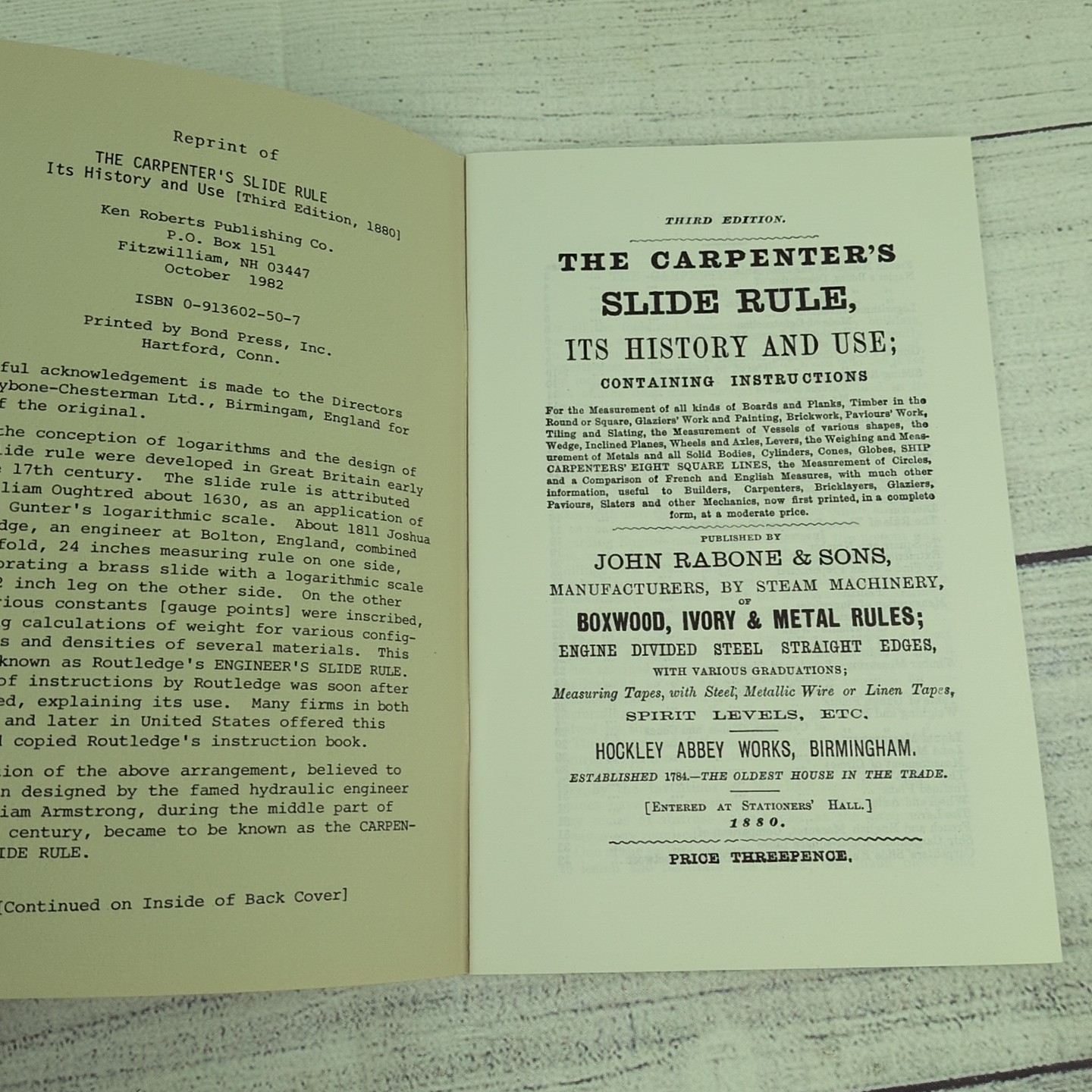 The CARPENTERS SLIDE RULE Its History and Use 3rd Ed Reprint Of 1880