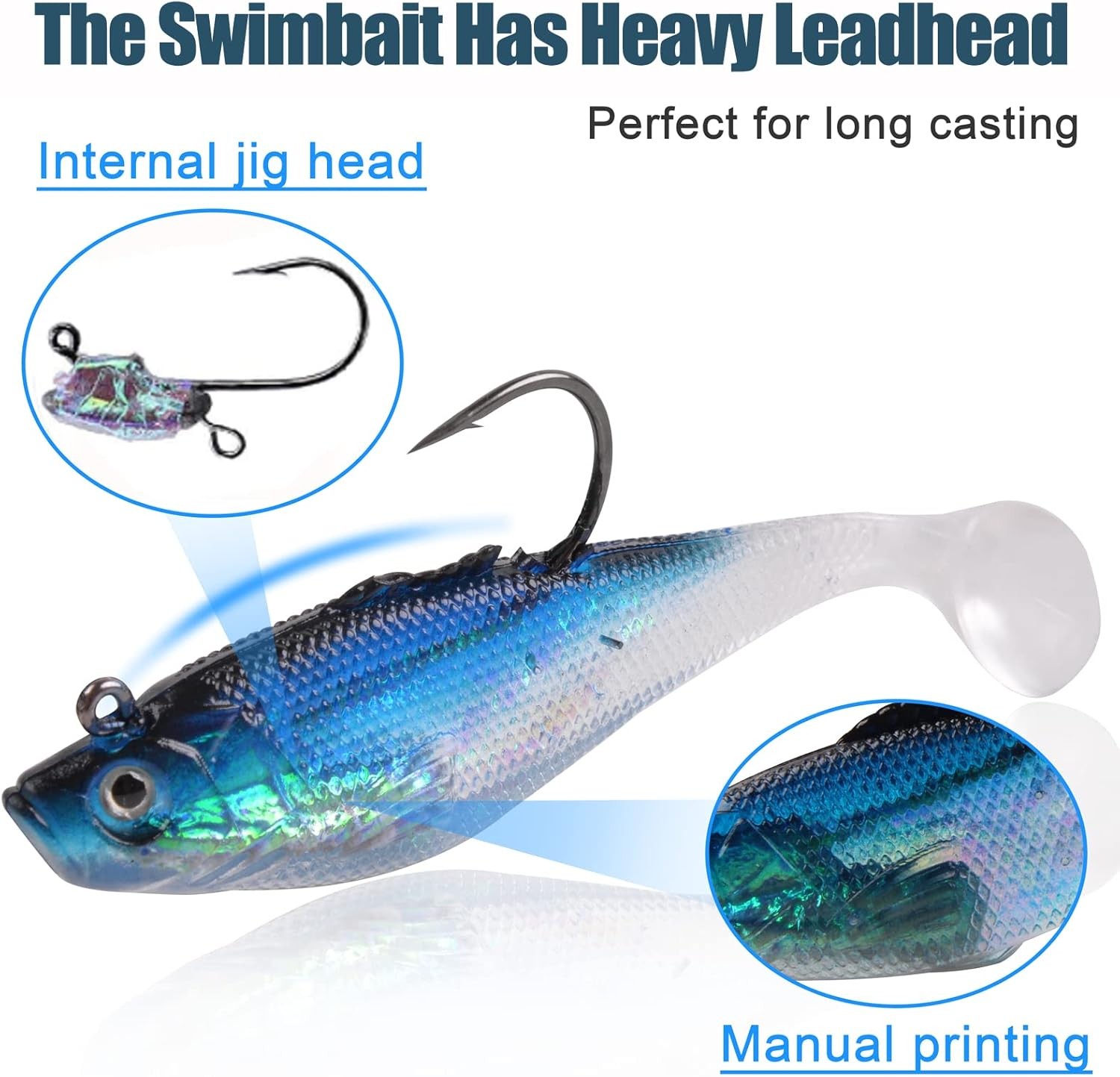 Pre-Rigged Jig Head Soft Fishing Lures, Paddle 2.3in/0.13oz-6pcs, Blue, White