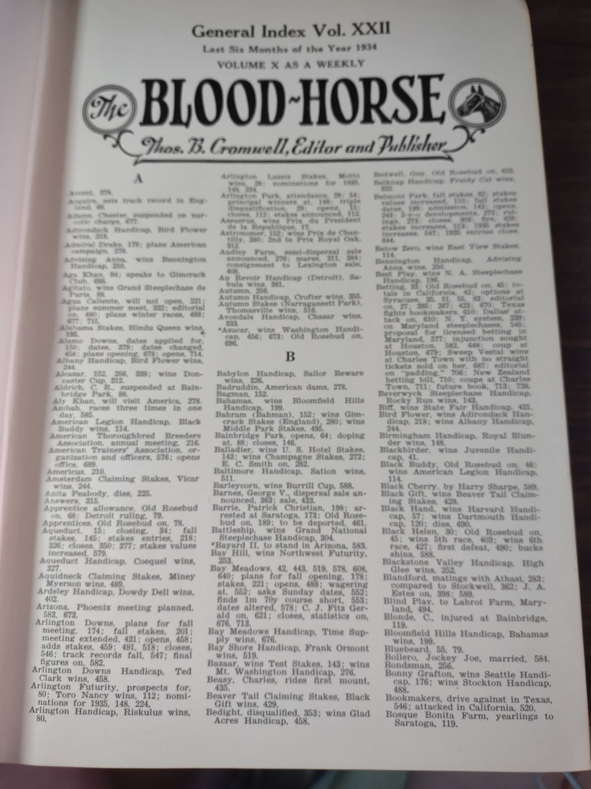 The Blood Horse Weekly Vol XXII of July 7 to Dec 29, 1934 Hardcover Very RARE