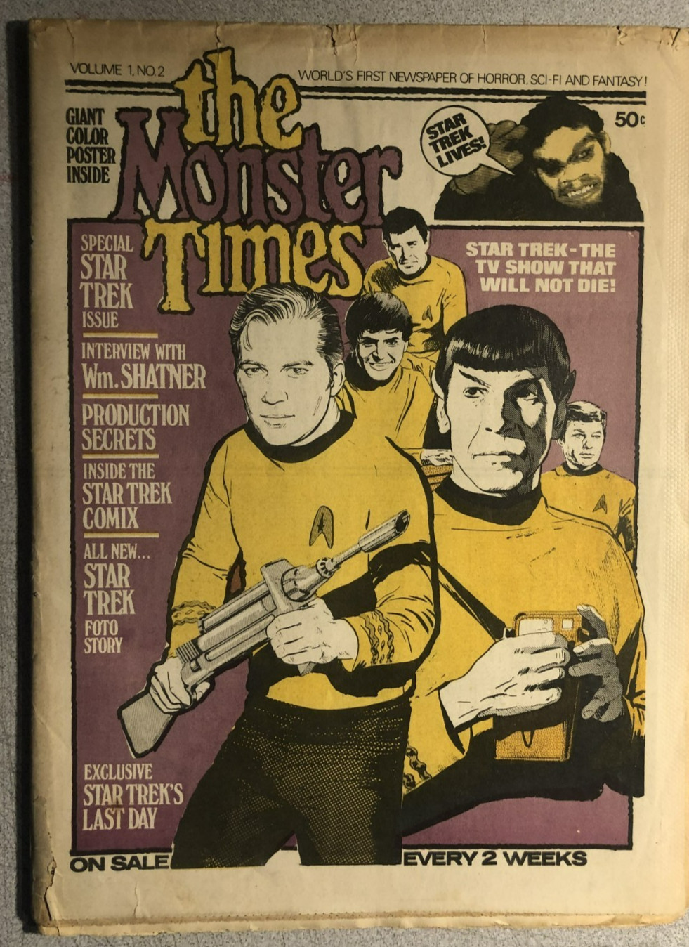 THE MONSTER TIMES #2 (1972) Horror SF Fantasy newspaper (poster intact) VG+
