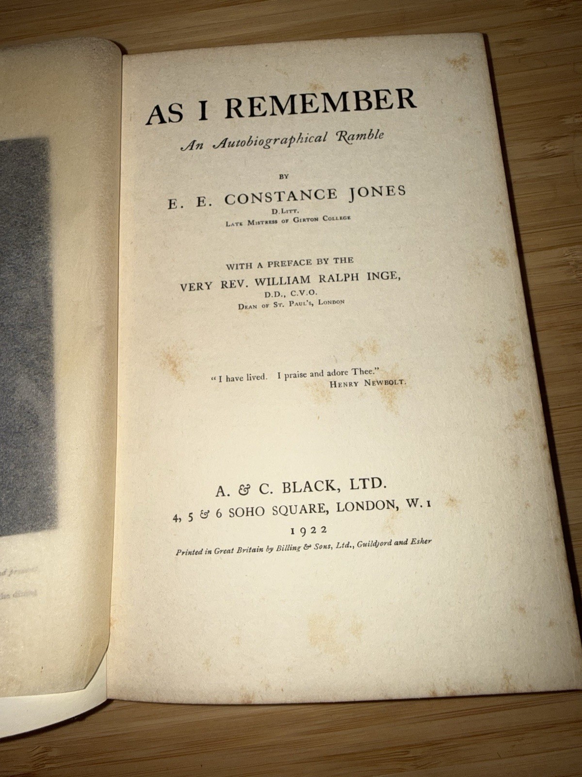 1922 First Edition As I Remember E.E. Constance Jones Autobiographical Ramble