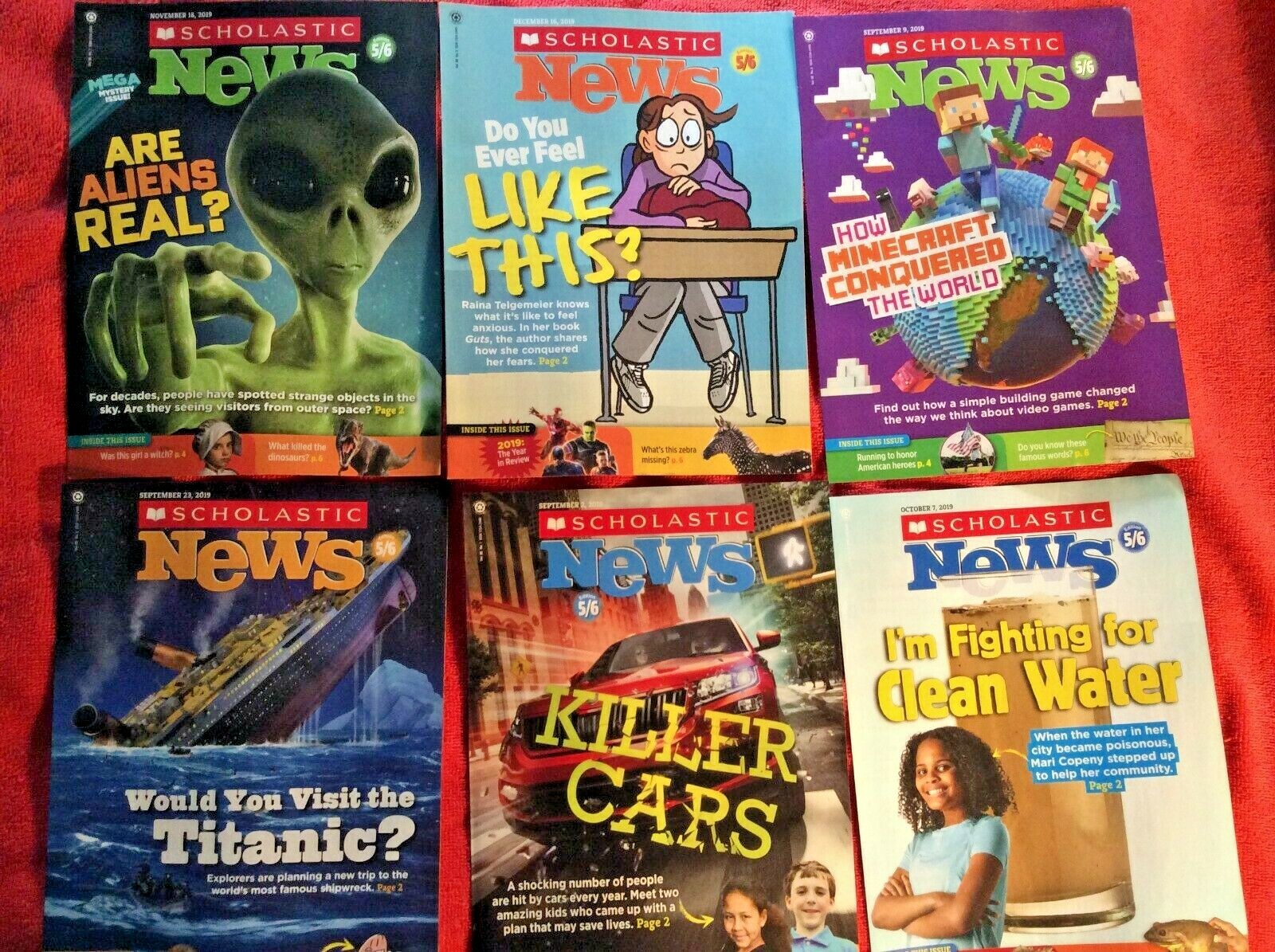 LOT OF 6 SCHOLASTIC NEWS GRADE 5 6 SEPT OCT NOV DEC 2019 CARS MINECRAFT TITANIC
