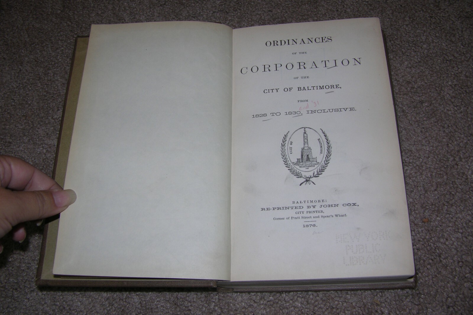 Ordinances City of Baltimore MD 1828-1830, Printed 1878 w/ 380 pages