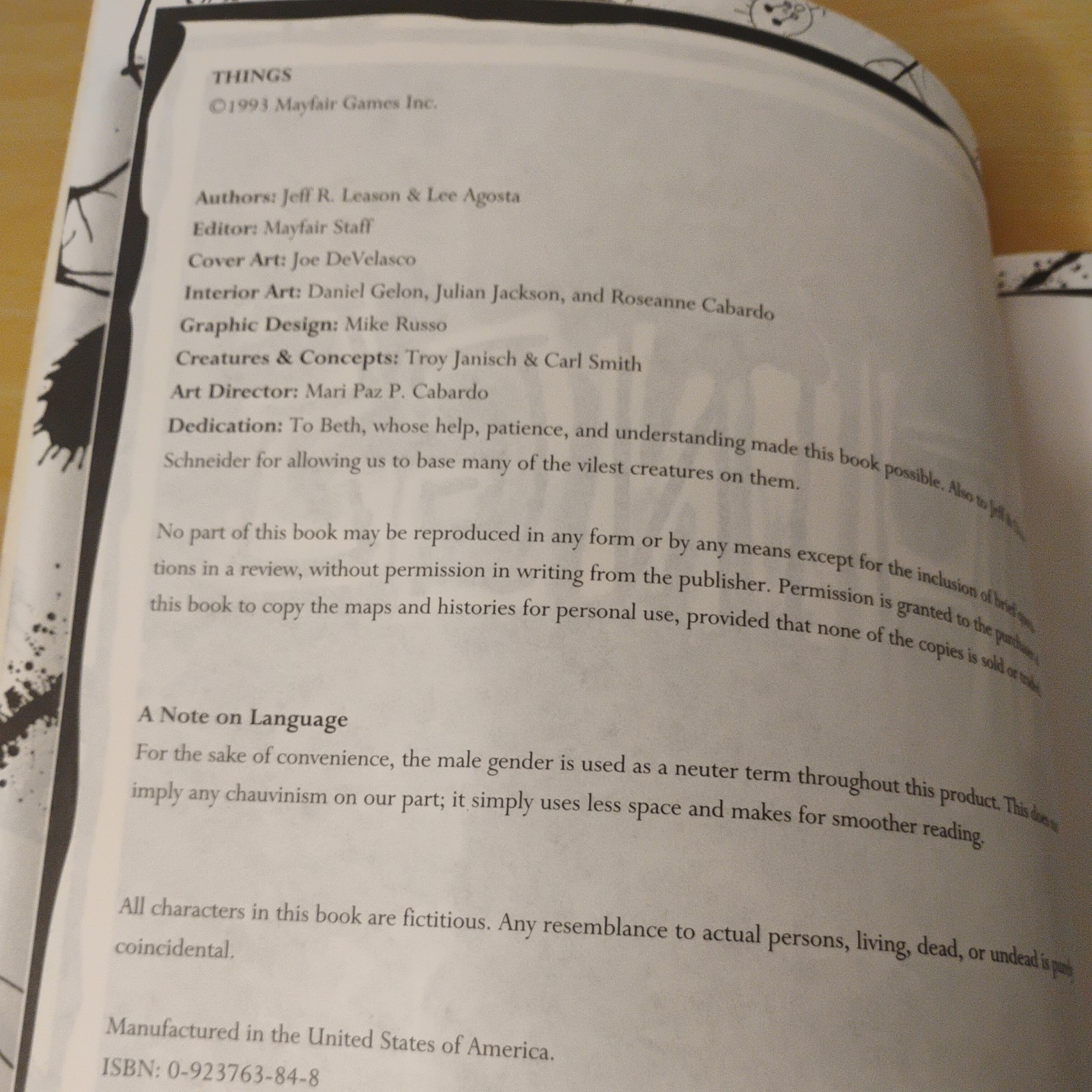 Things – A Chill Product Sourcebook SC – RPG – Mayfair Games 1993 MF667