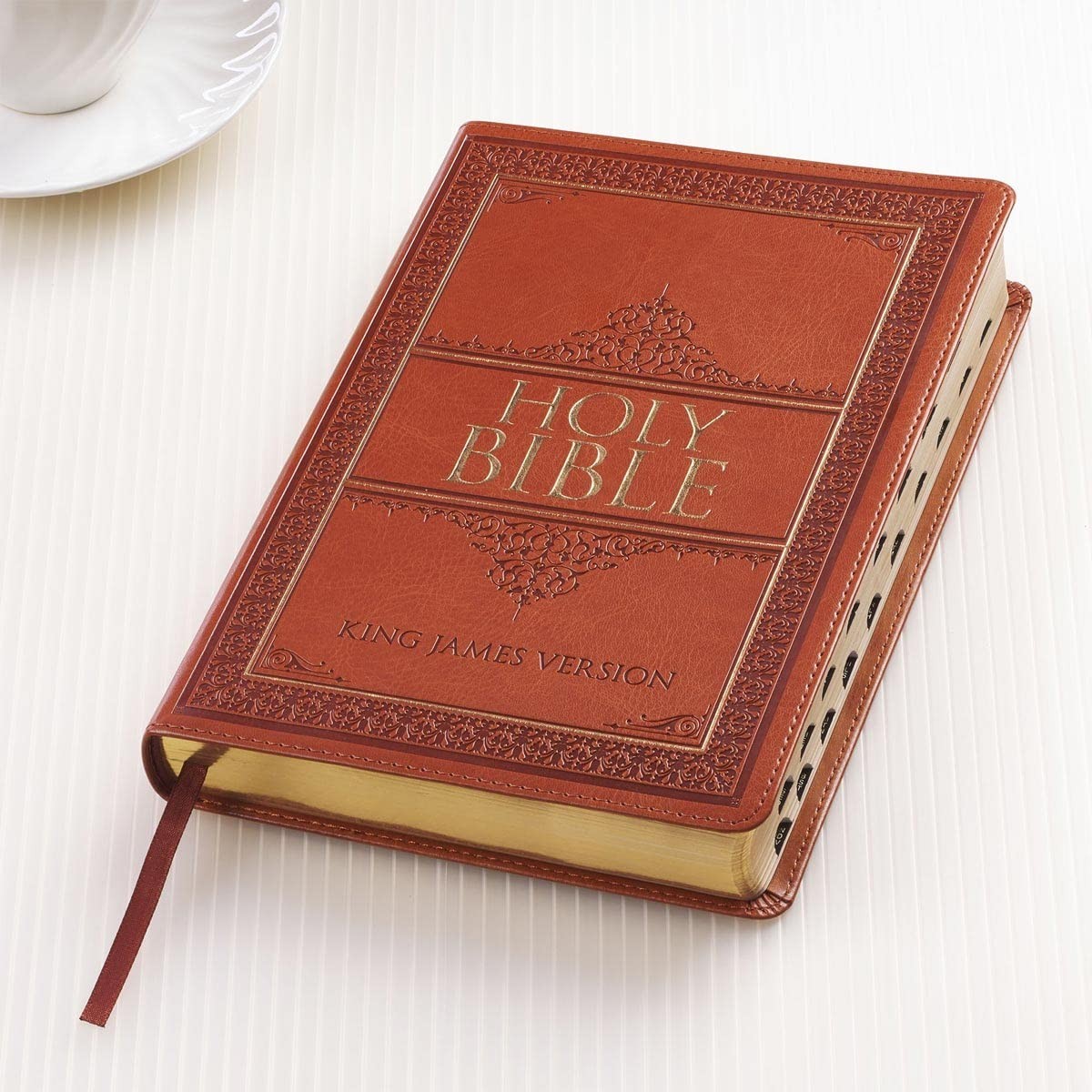 The Holy Bible King James Version LARGE PRINT Thumb Indexed Edition / TAN Faux L