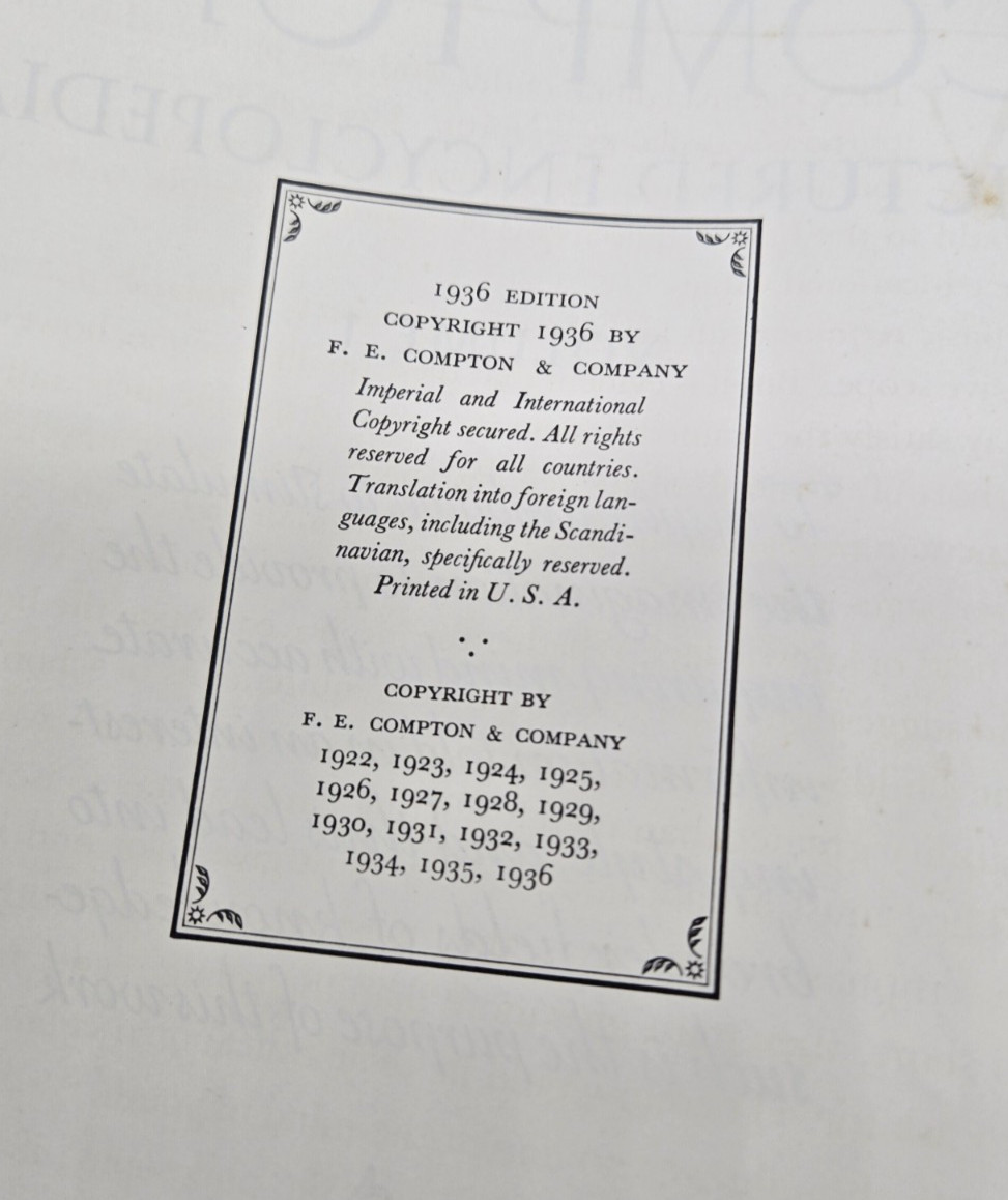 Compton’s 1936 Pictured Encyclopedia Complete Set 1-15 Embossed Dura-bound Fact